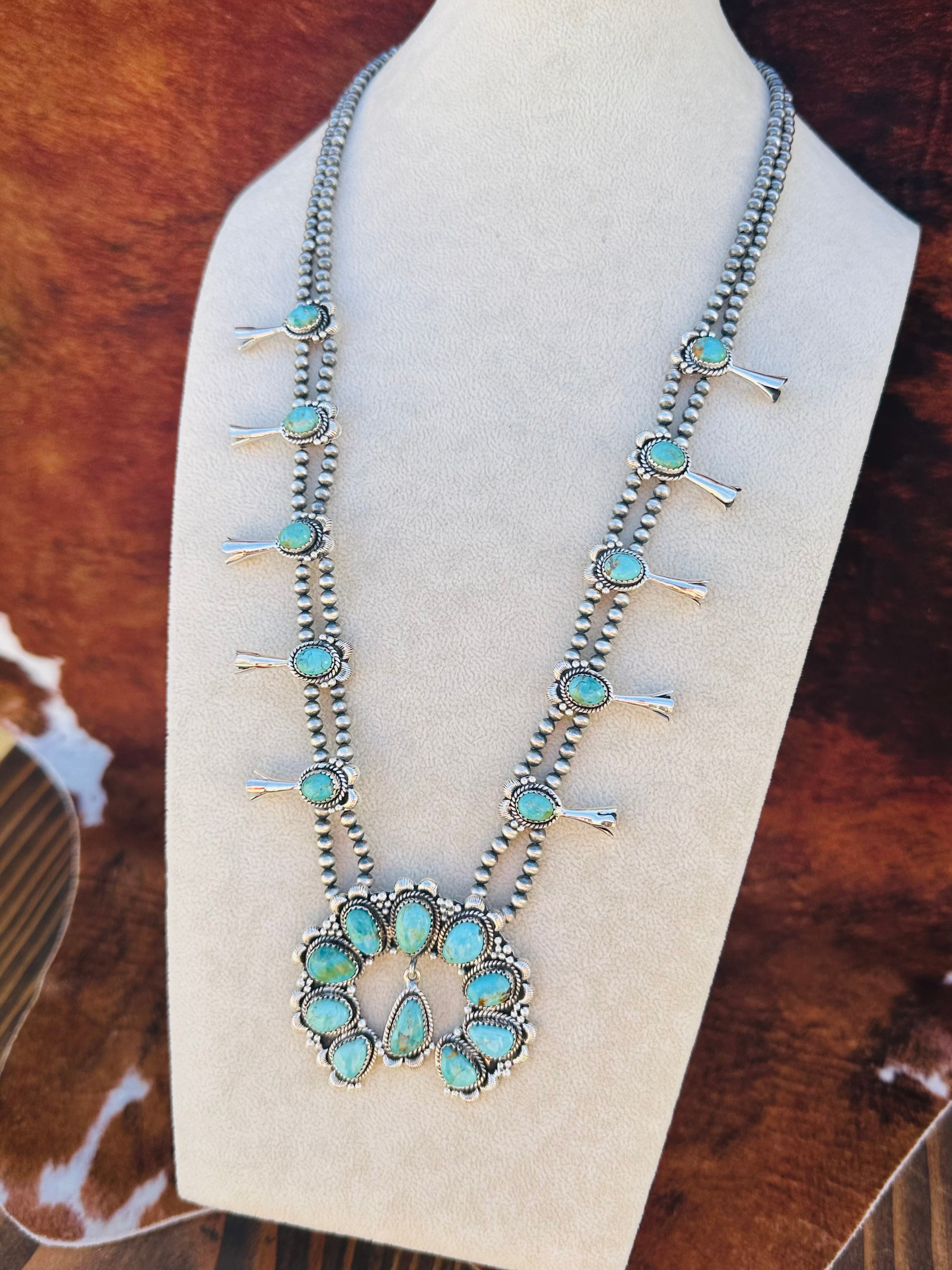 Southwest Handmade Kingman Turquoise & Sterling Silver Squash Blossom