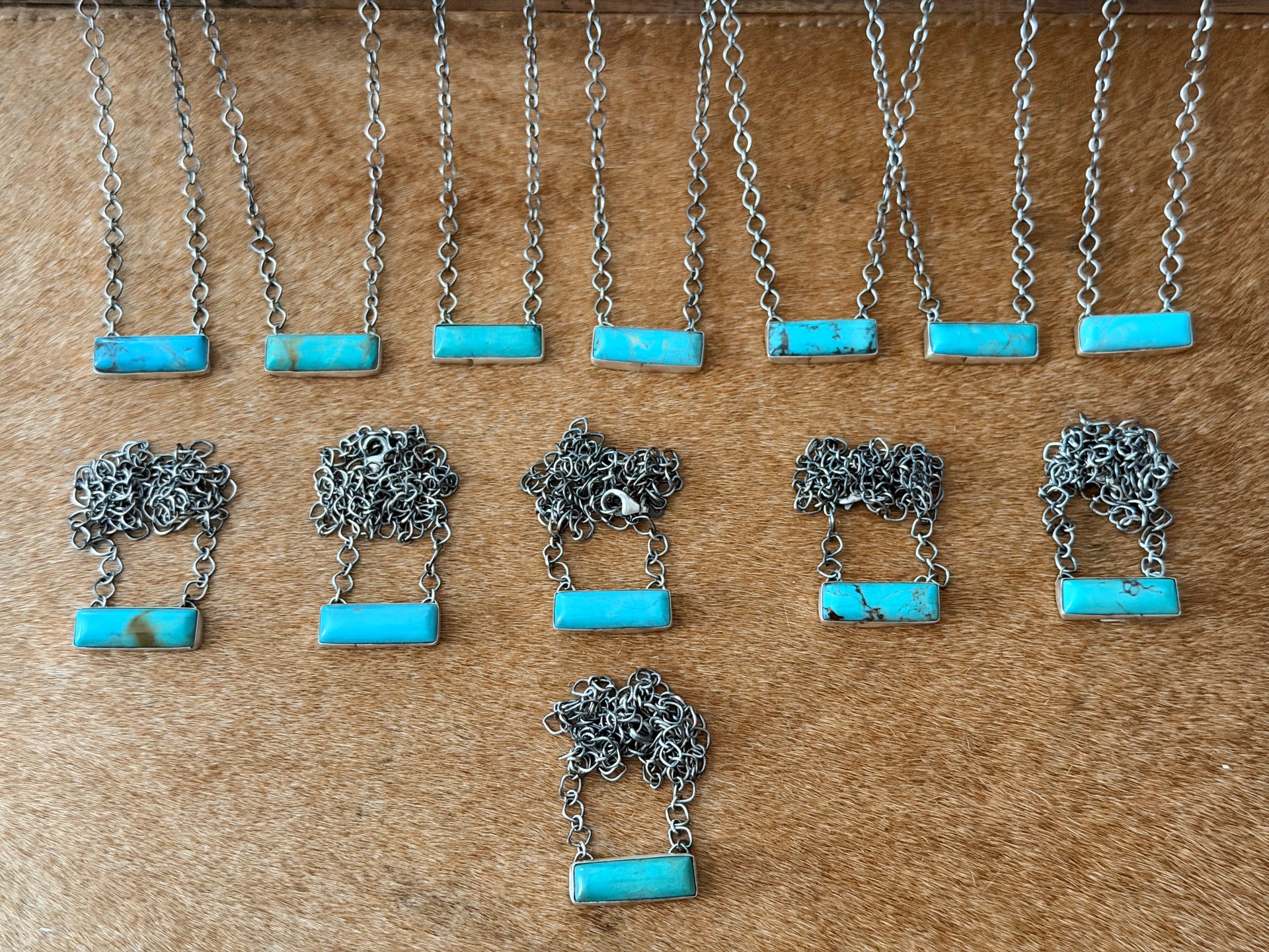 Navajo Made Kingman Turquoise & Sterling Silver Bar Necklace