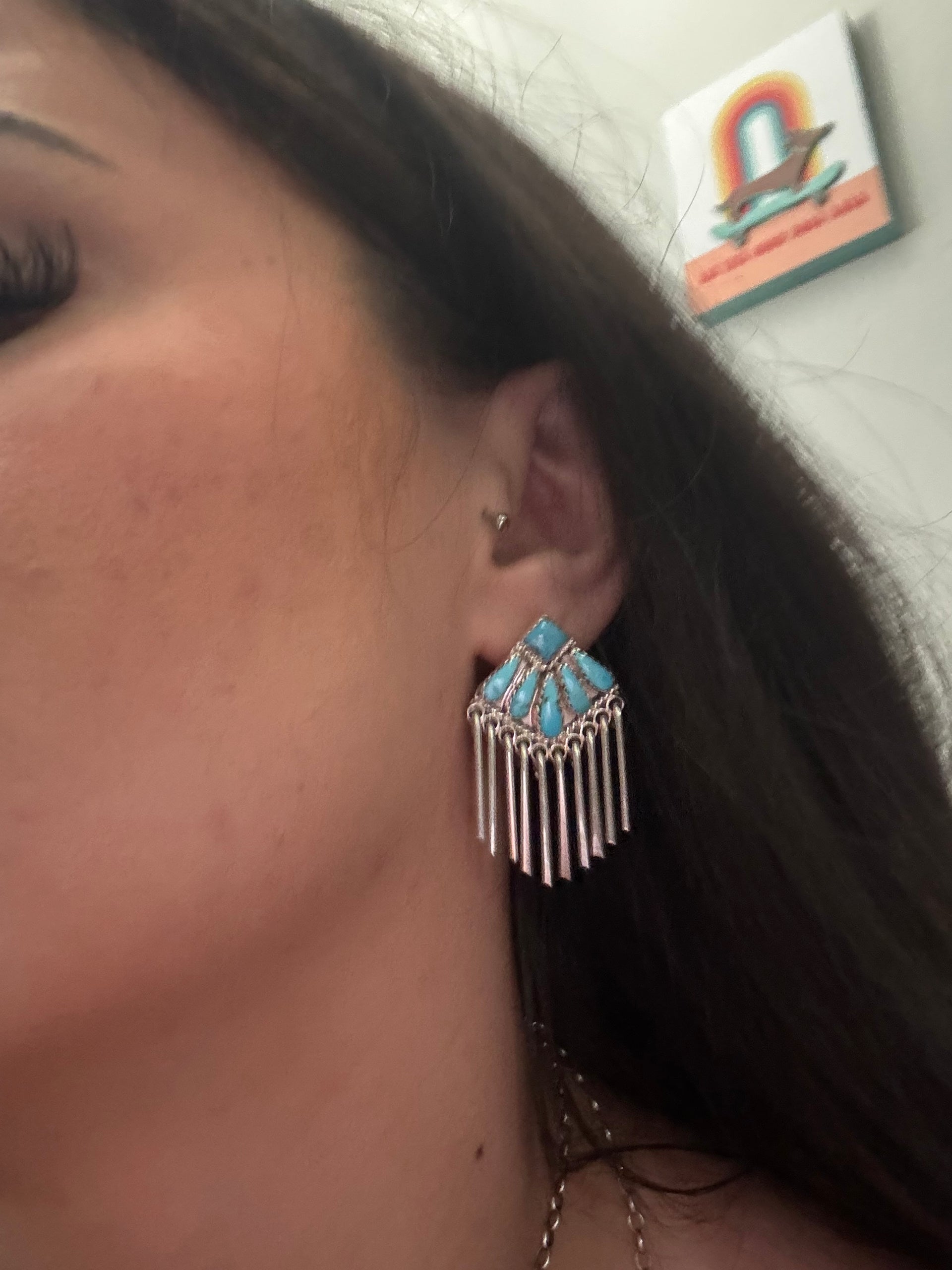 Navajo Made Sleeping Beauty Turquoise & Sterling Silver Post Dangle Cluster Earrings