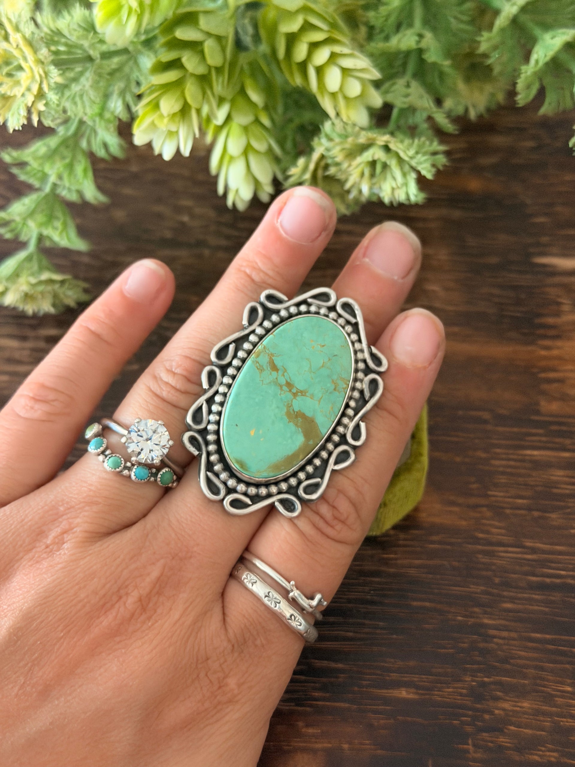 Navajo Made Kingman Turquoise & Sterling Silver Adjustable Ring