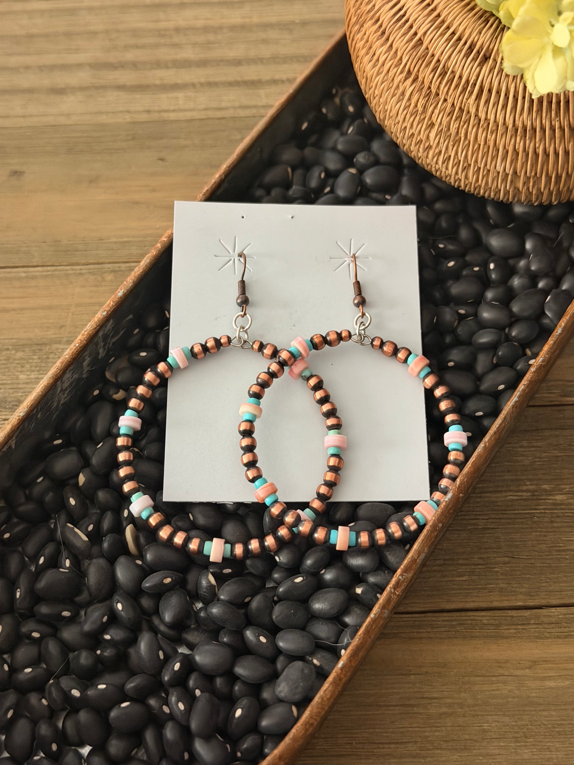 Navajo Strung Multi Stone & Machine Made Copper Pearl Dangle Earrings