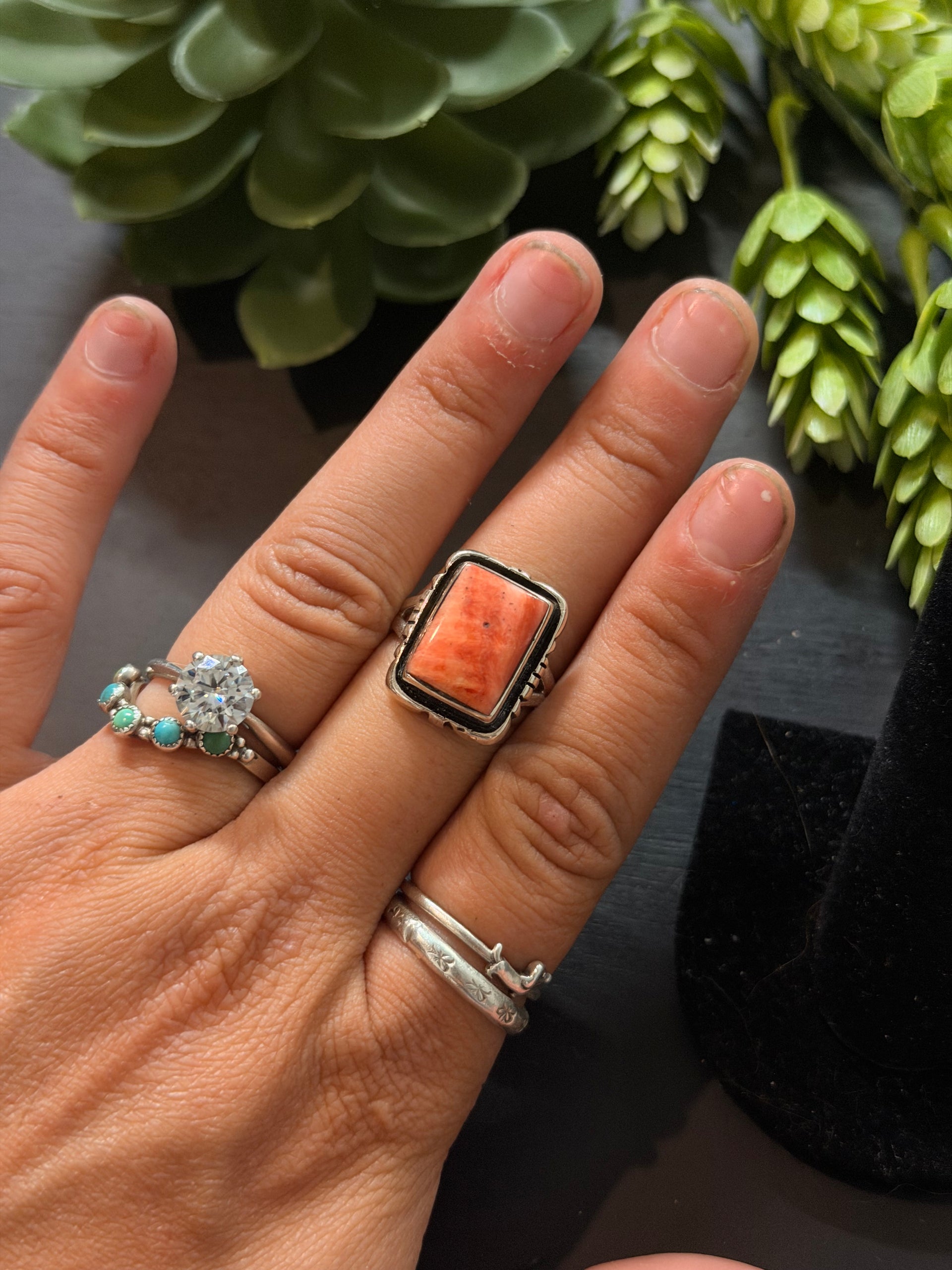 Navajo Made Spiny Oyster & Sterling Silver Ring Size 7