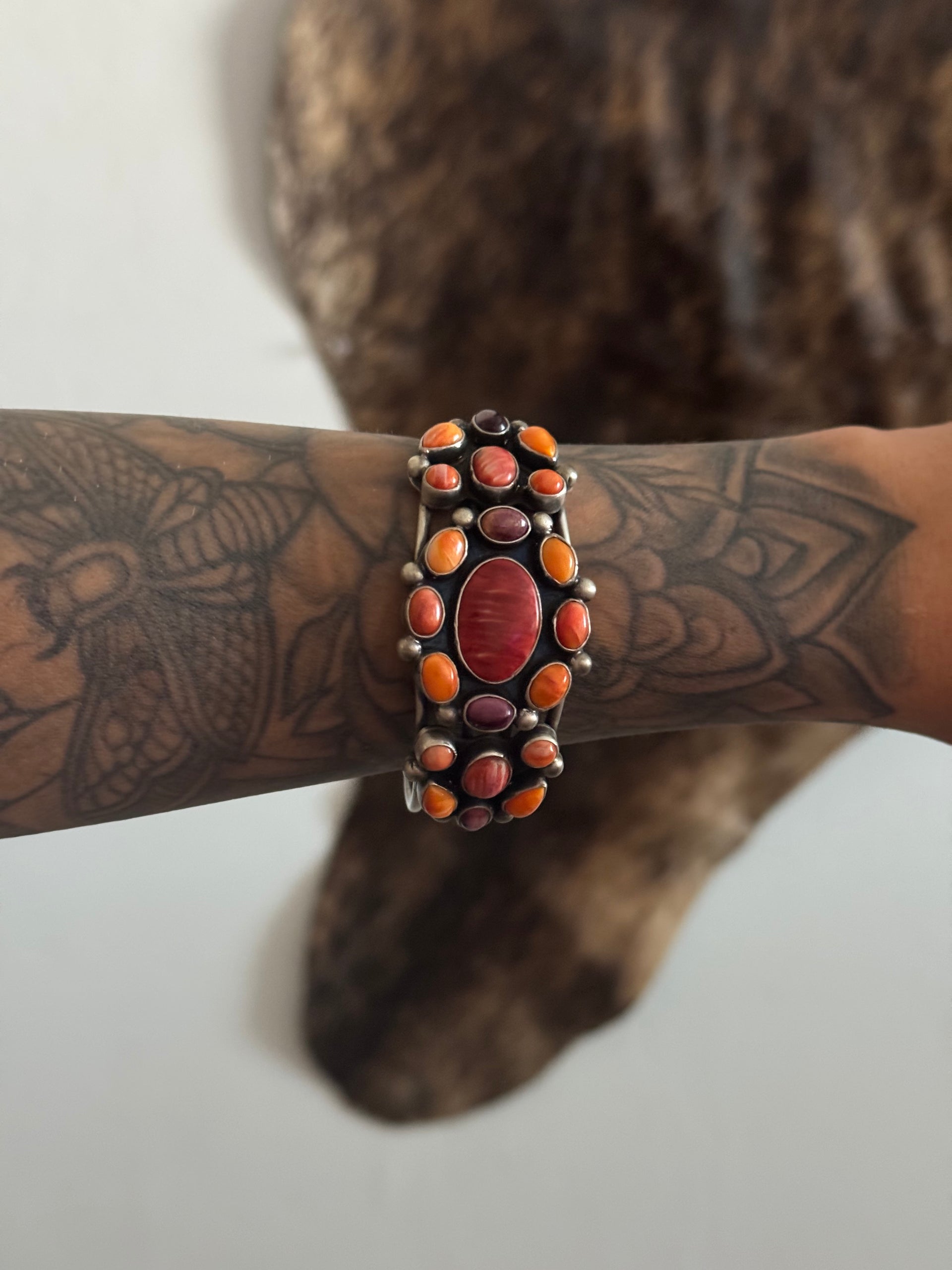 Kathleen Chavez Spiny Oyster & Sterling Silver Cluster Cuff Bracelet