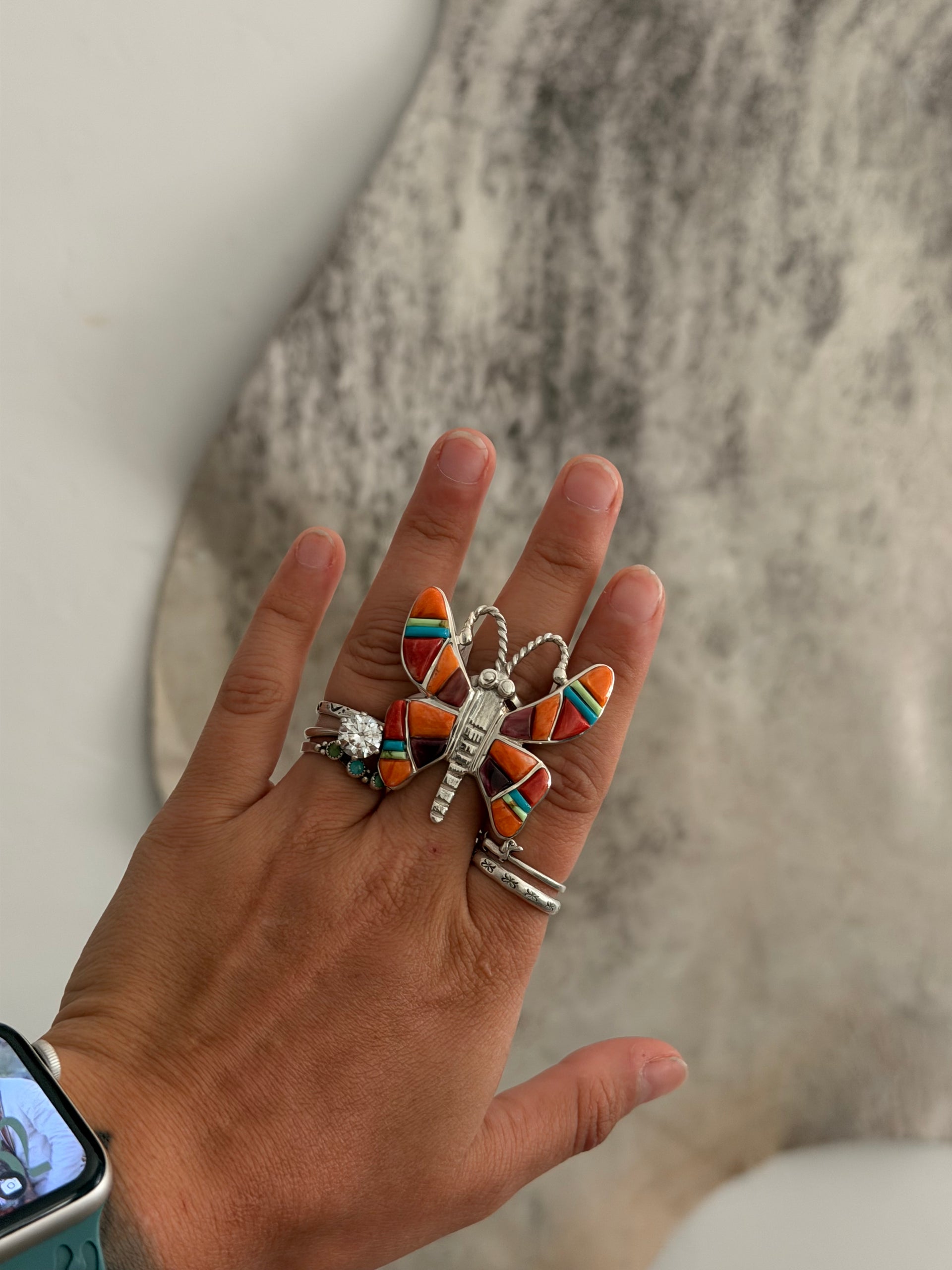 Navajo Made Multi Stone & Sterling Silver Cobblestone Butterfly Ring Size 8