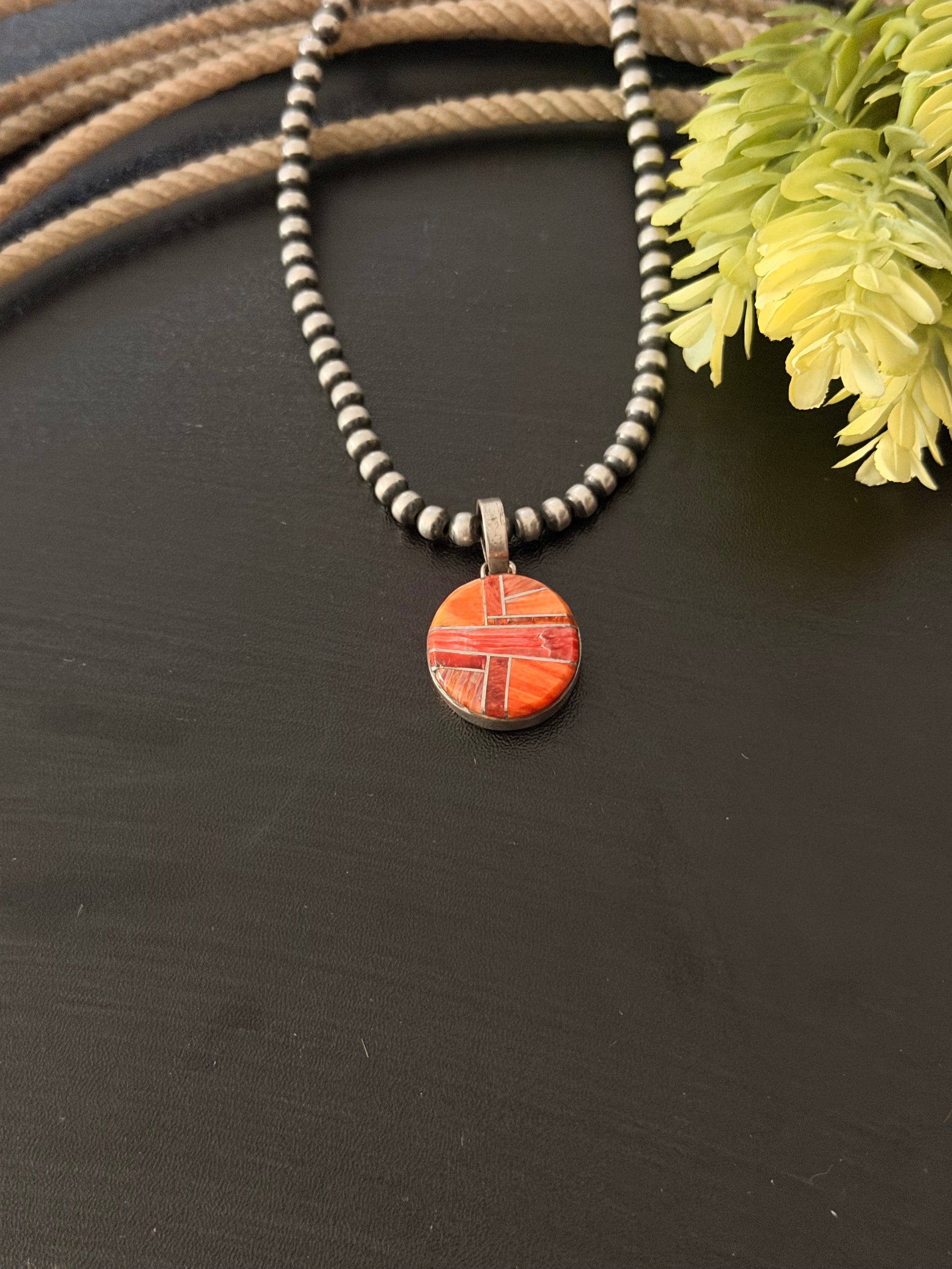 Navajo Made Spiny Oyster & Sterling Silver Inlay Pendant