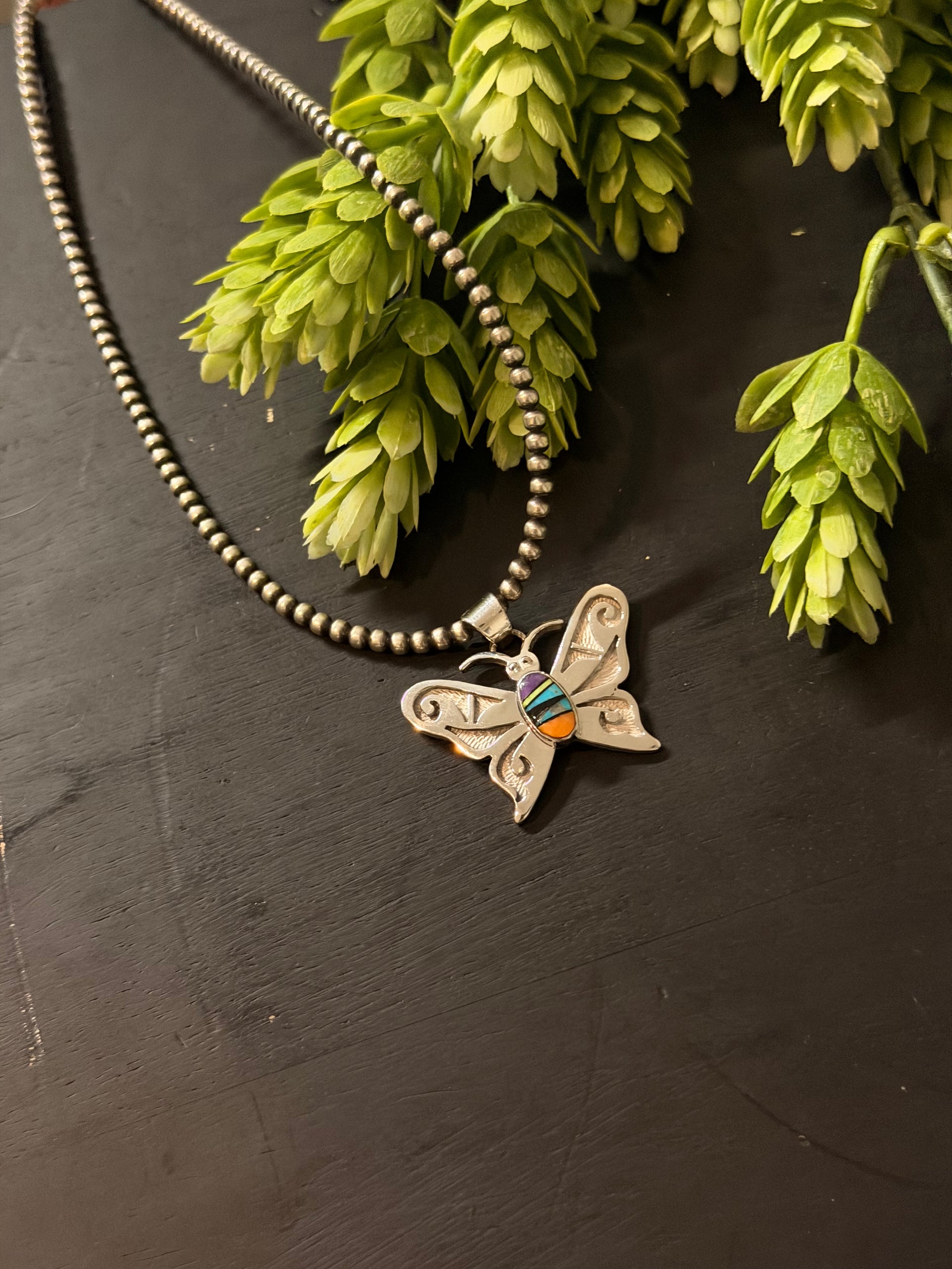 Navajo Made Multi Stone & Sterling Silver Inlay Butterfly Pendant