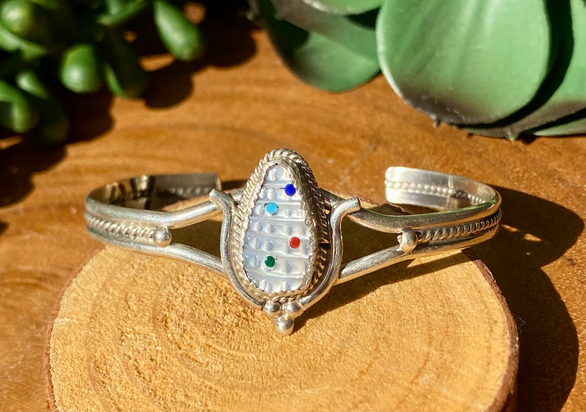 Zuni Handmade Multi Stone & Sterling Silver Corn Cuff Bracelet