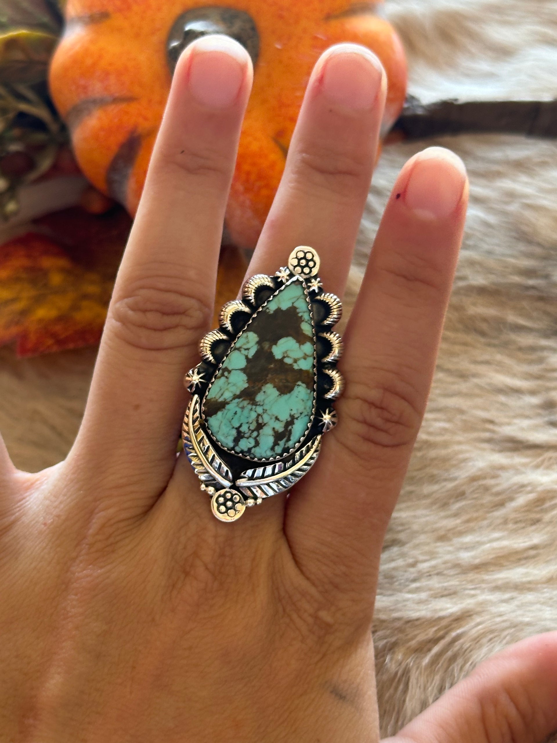 Southwest Handmade #8 Turquoise & Sterling Silver Adjustable Ring