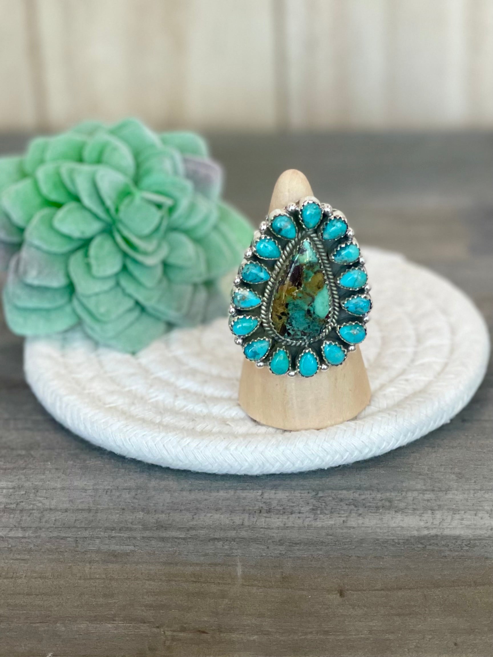 Southwest Handmade BlackJack Turquoise And Kingman Turquoise & Sterling Silver Adjustable Ring