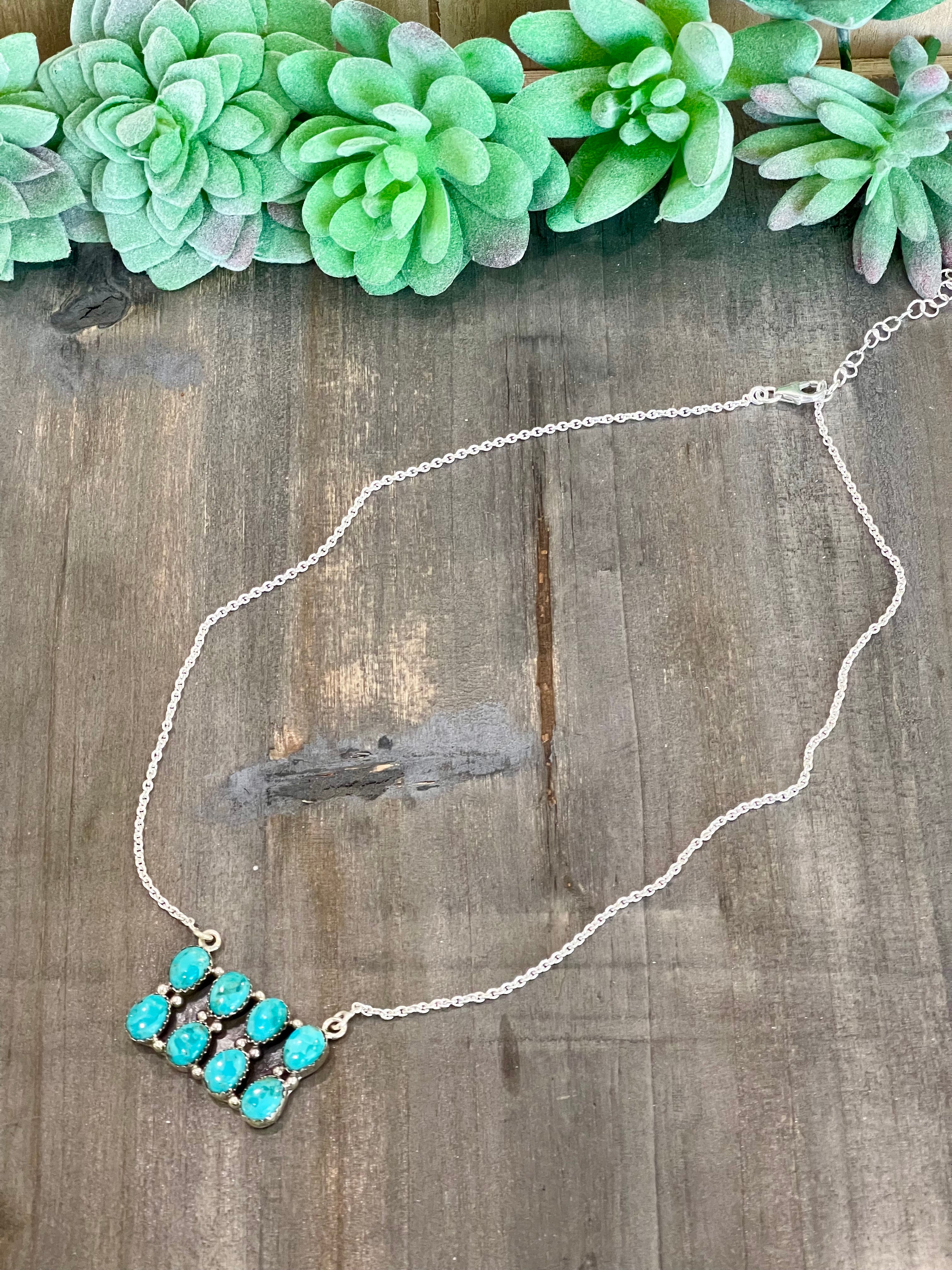 Southwest Handmade Kingman Turquoise & Sterling Silver Cluster Bar Necklace