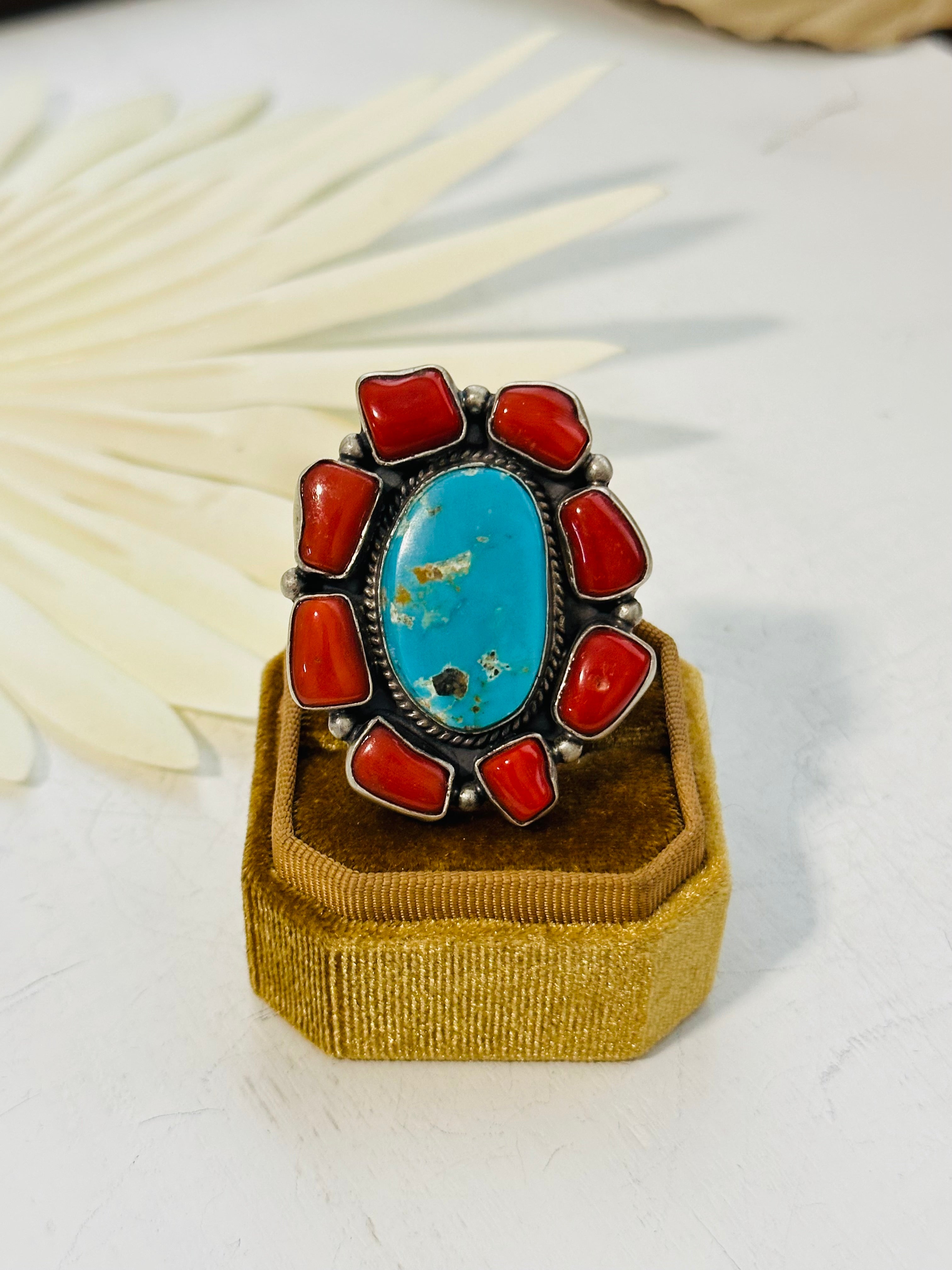 Navajo Made Multi Stone & Sterling Silver Cluster Ring Adjustable