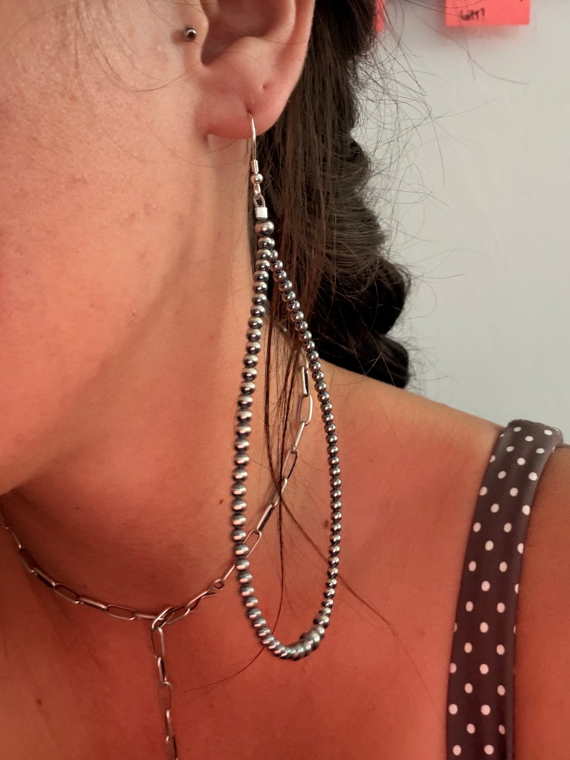 Navajo Strung Machine Made Sterling Silver Graduated Pearl Dangle Earrings