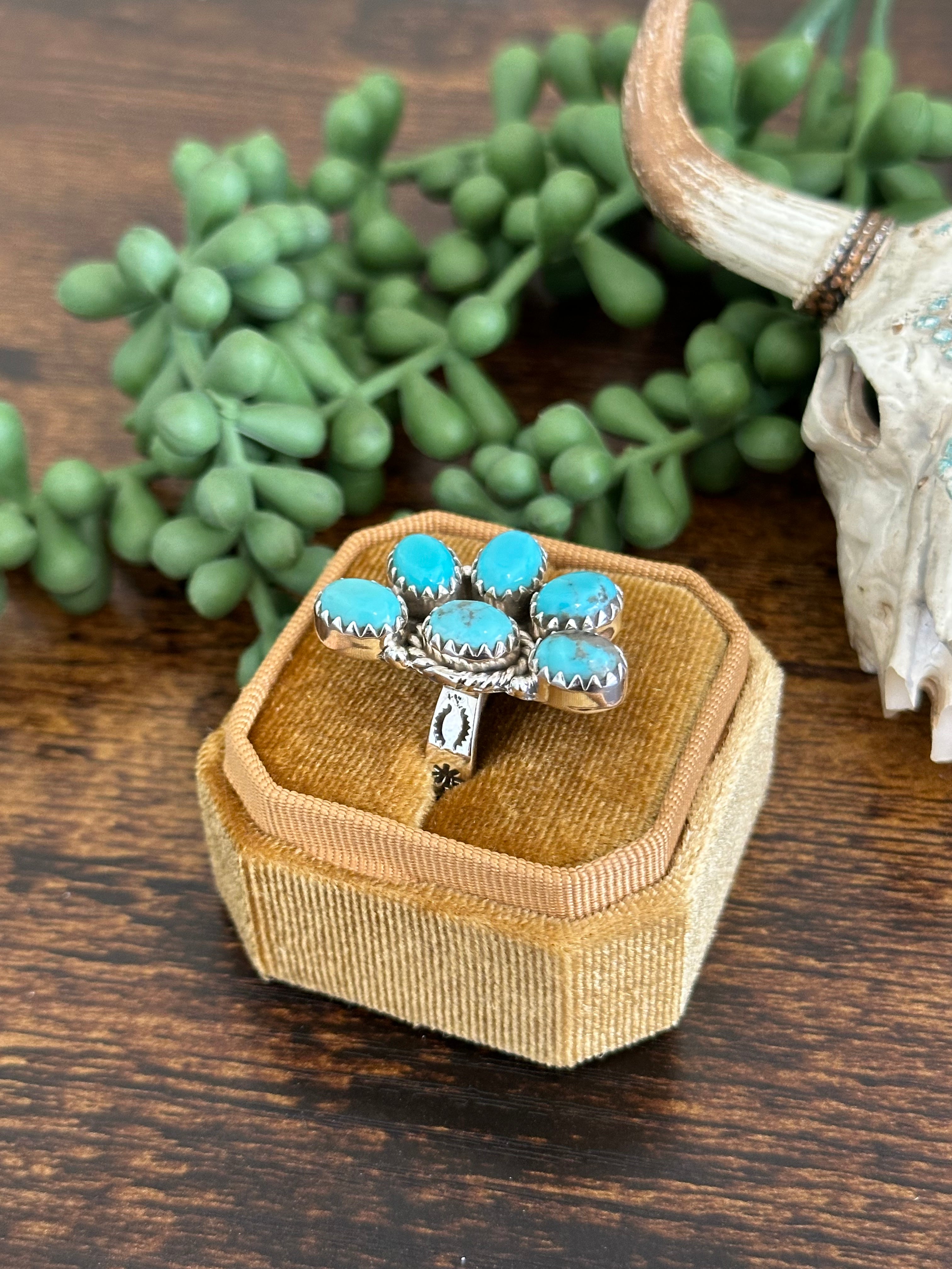 Southwest Handmade Kingman Turquoise & Sterling Silver Adjustable Cluster Ring