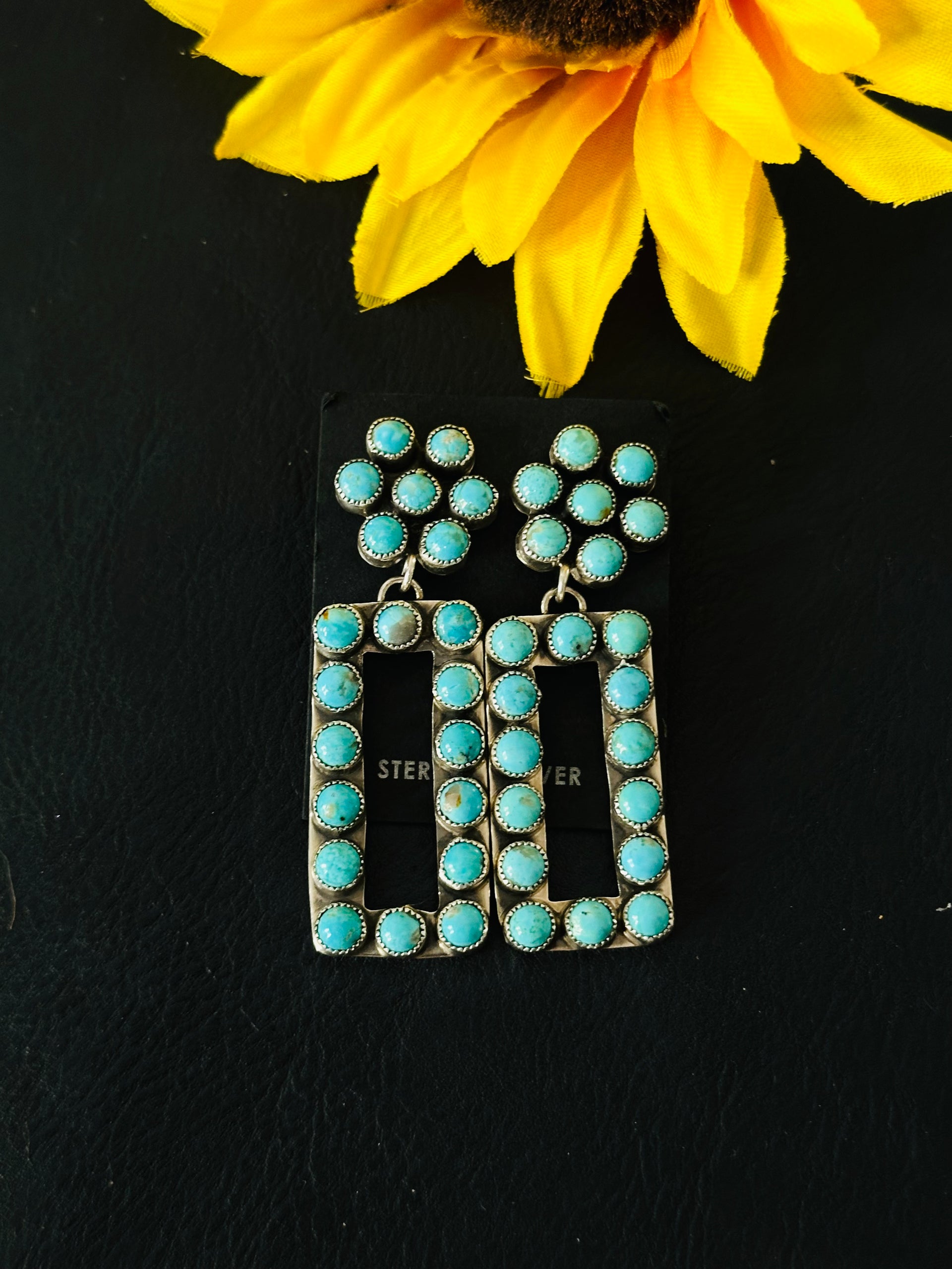 Navajo Handmade Kingman Turquoise & Sterling Silver Post Dangle Earrings