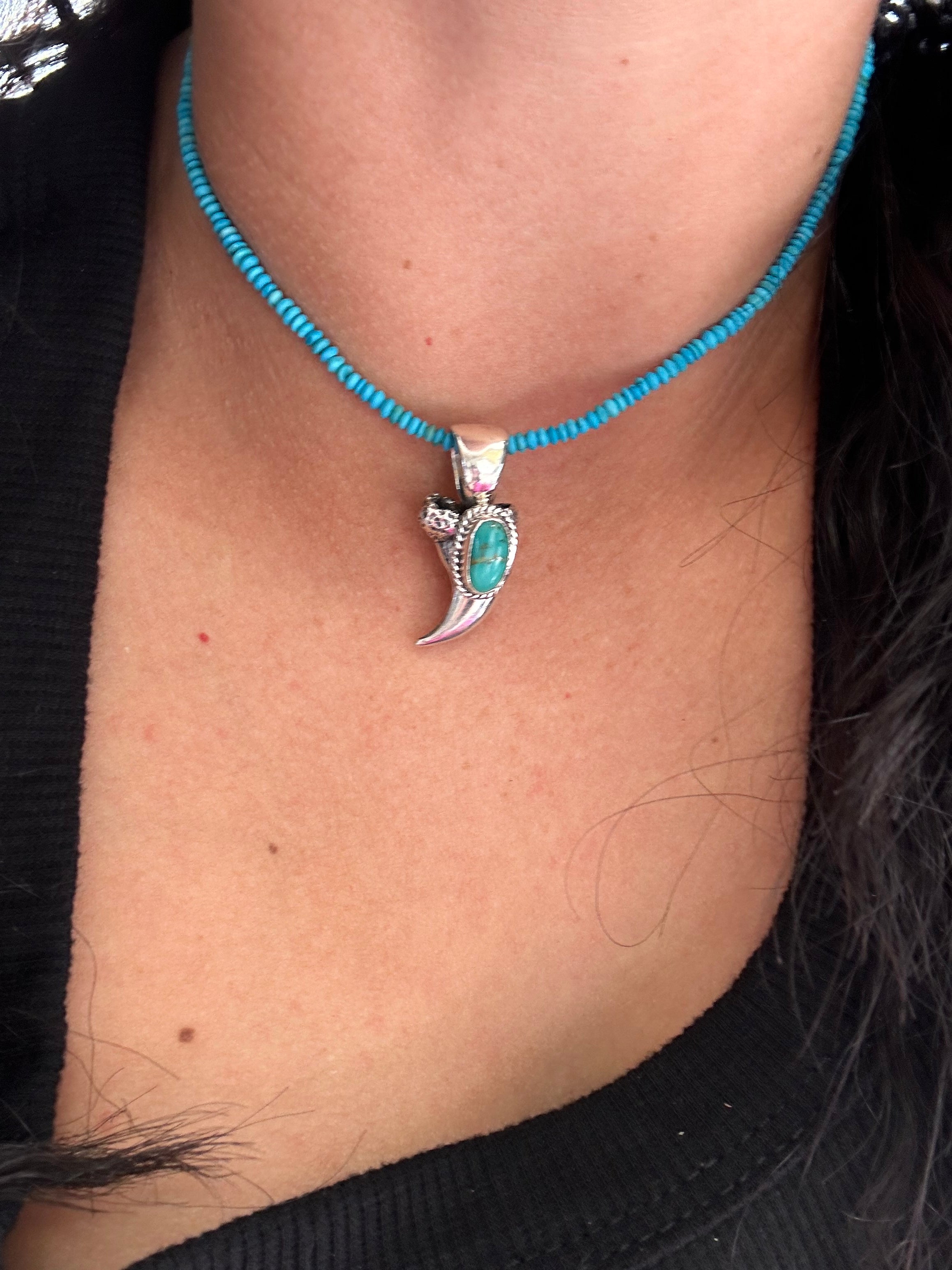 Navajo Made Kingman Turquoise & Sterling Silver Claw Pendant