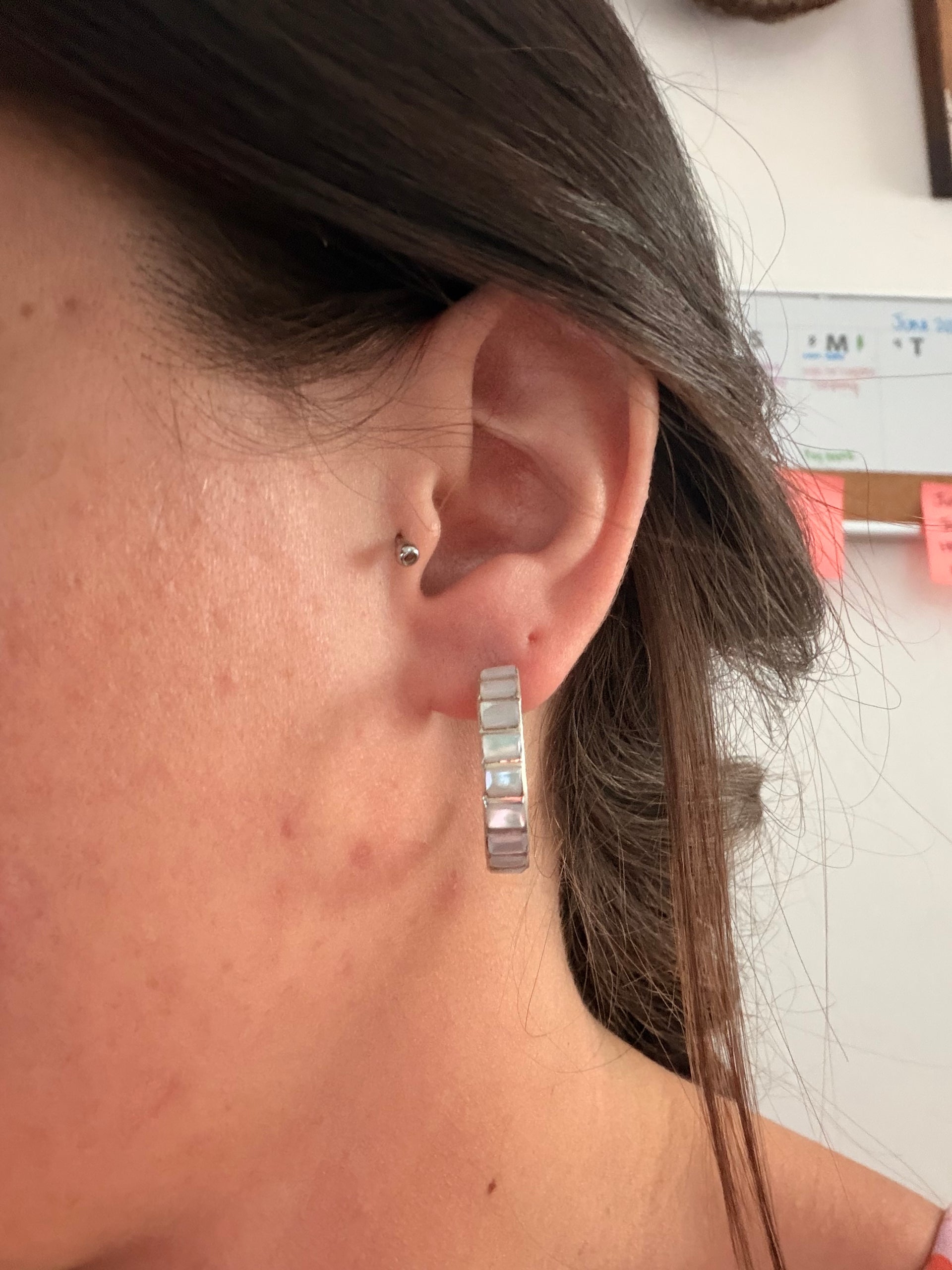 Zuni Made Mother of Pearl & Sterling Silver Post Hoop Earrings