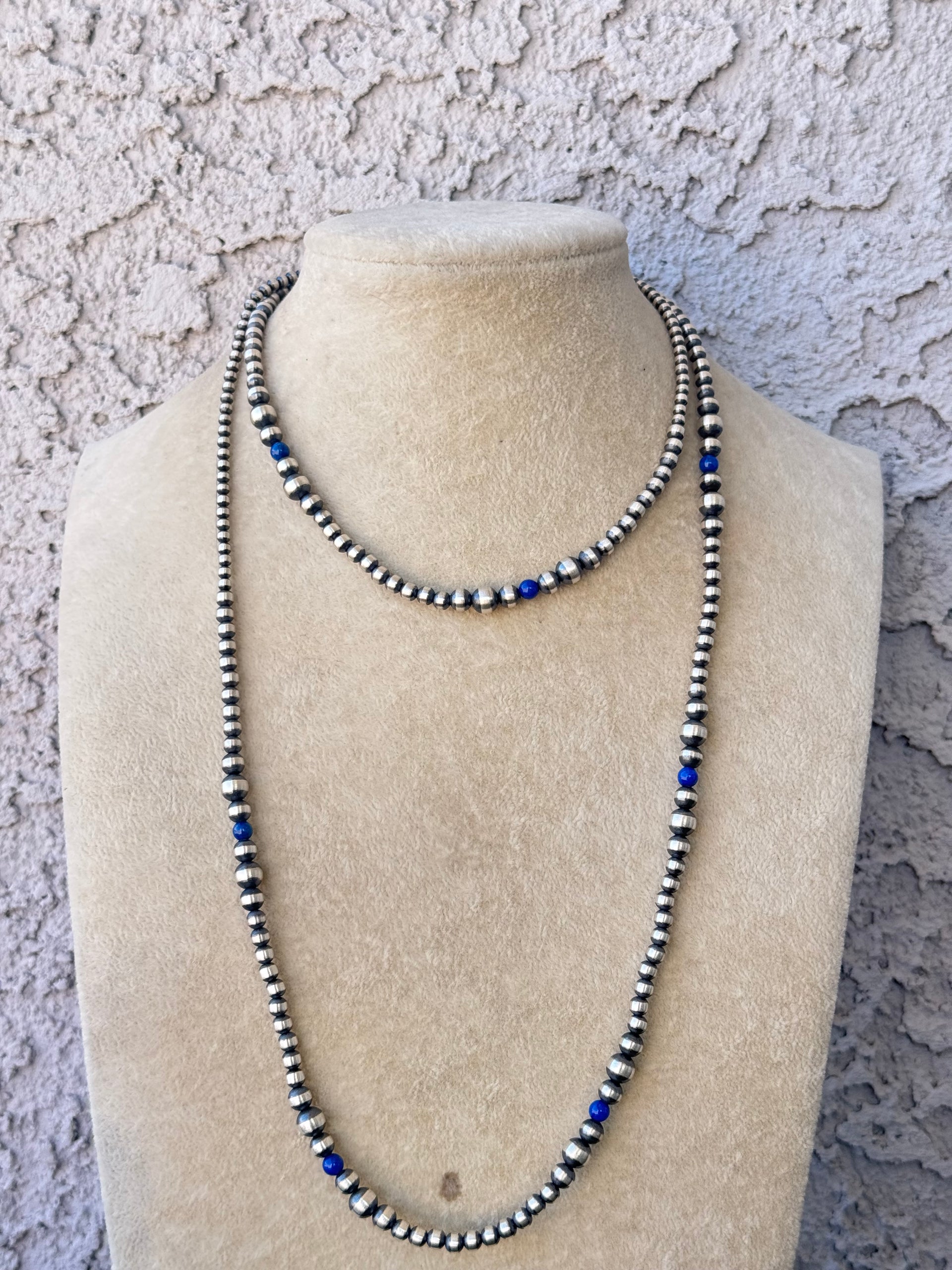 Navajo Strung Lapis & Sterling Silver Graduated Pearl Necklace