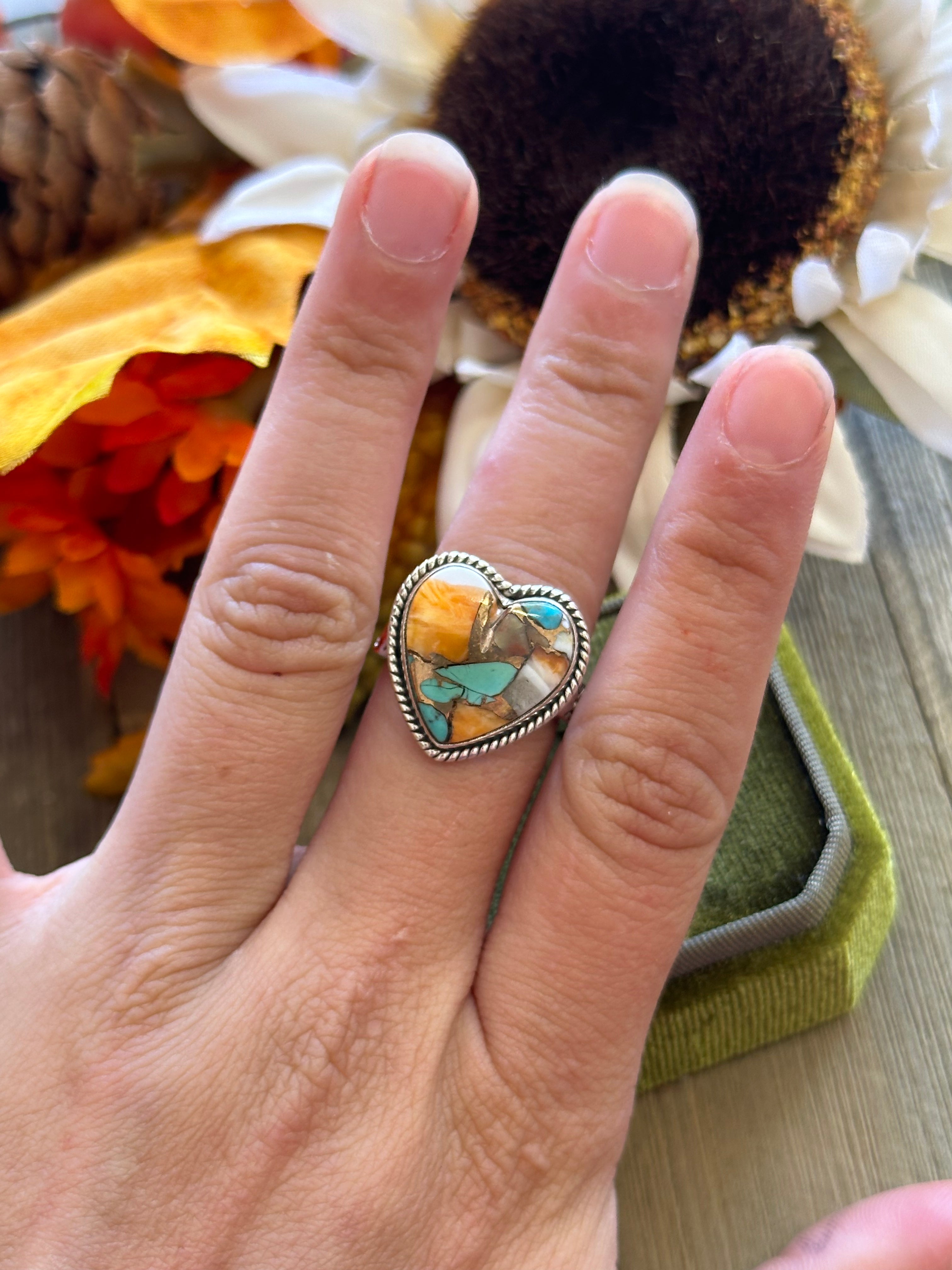 Southwest Handmade Mohave Turquoise & Sterling Silver Adjustable Heart Ring