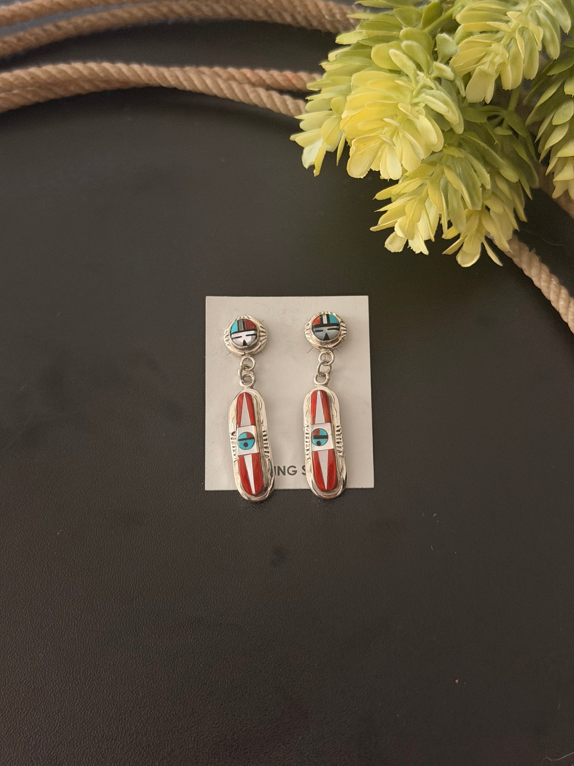 Patsy Edaakie Multi Stone & Sterling Silver Inlay Sunface Dangle Earrings