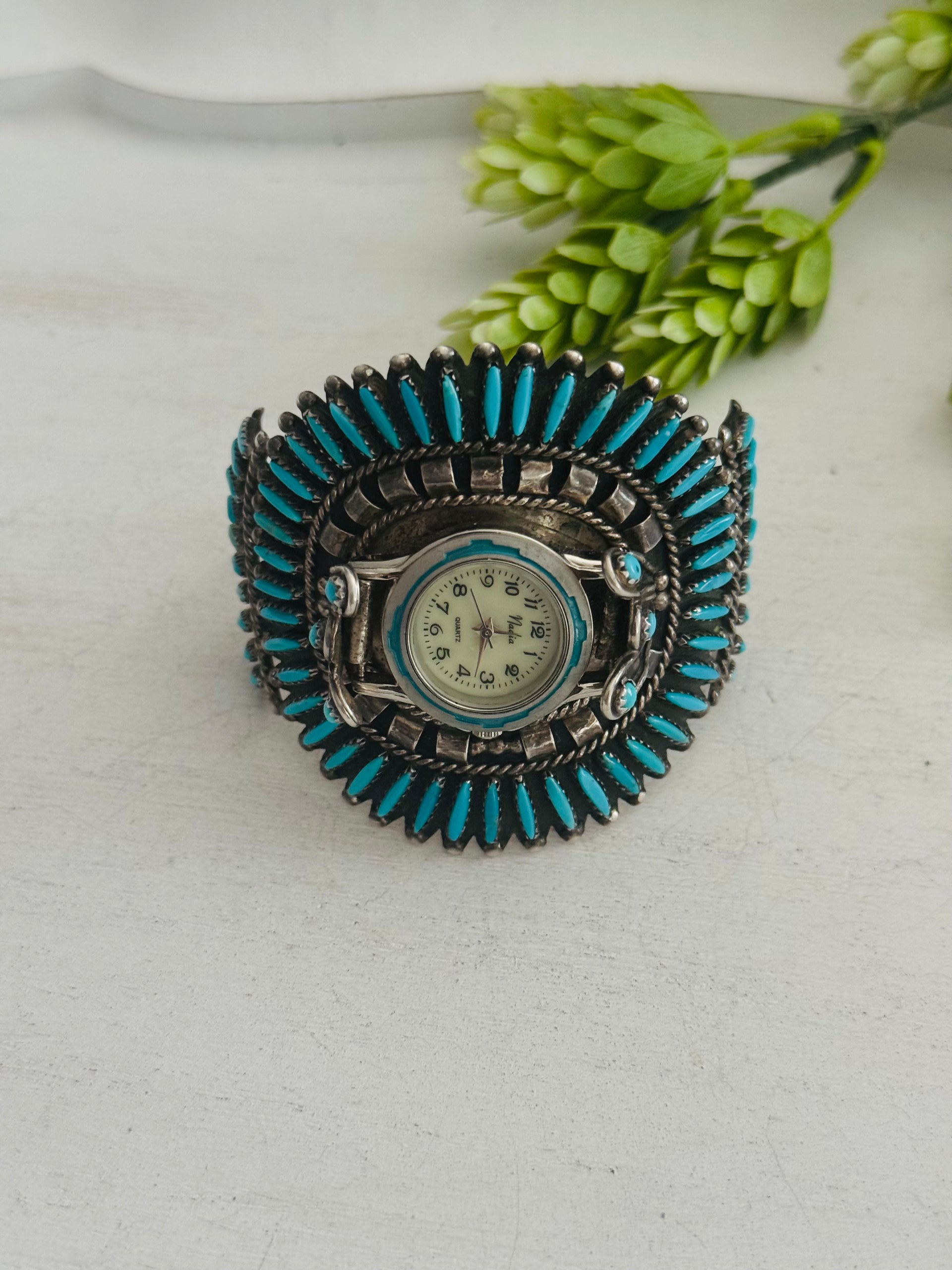 Vintage Zuni Made Kingman Turquoise & Sterling Silver Cluster Watch Cuff Bracelet