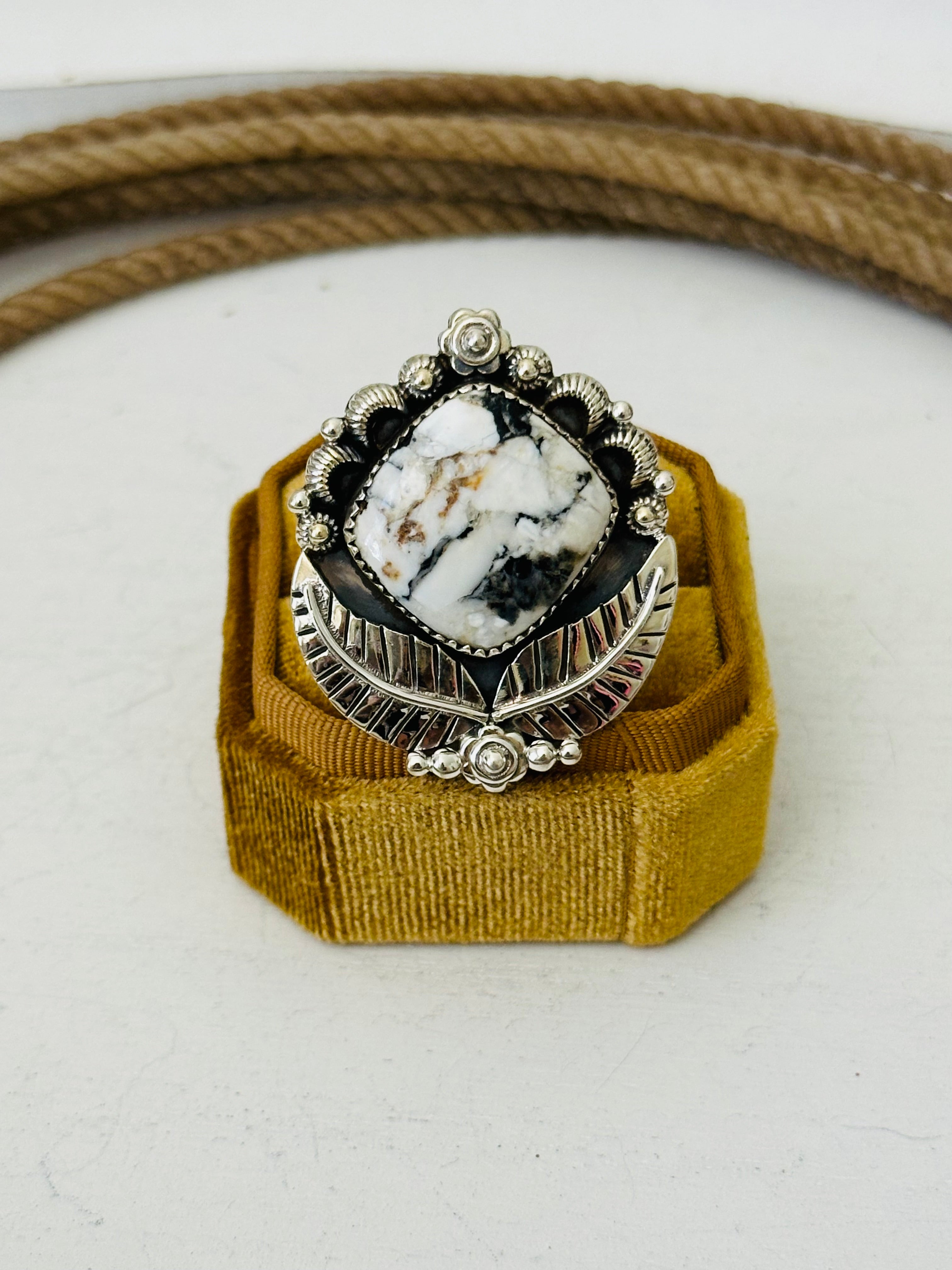 Southwest Handmade White Buffalo & Sterling Silver Adjustable Ring