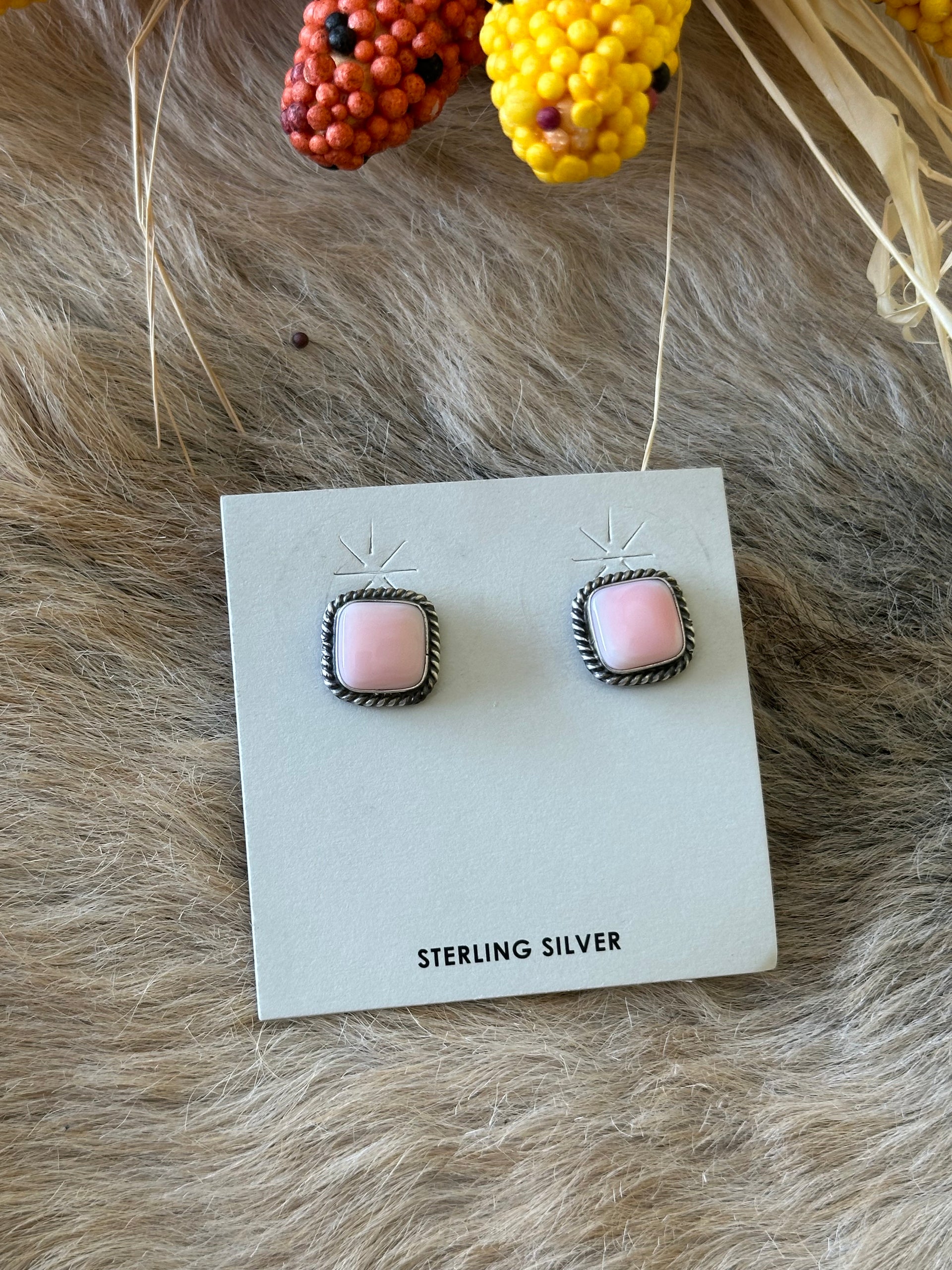 Navajo Made Pink Conch & Sterling Silver Post Earrings
