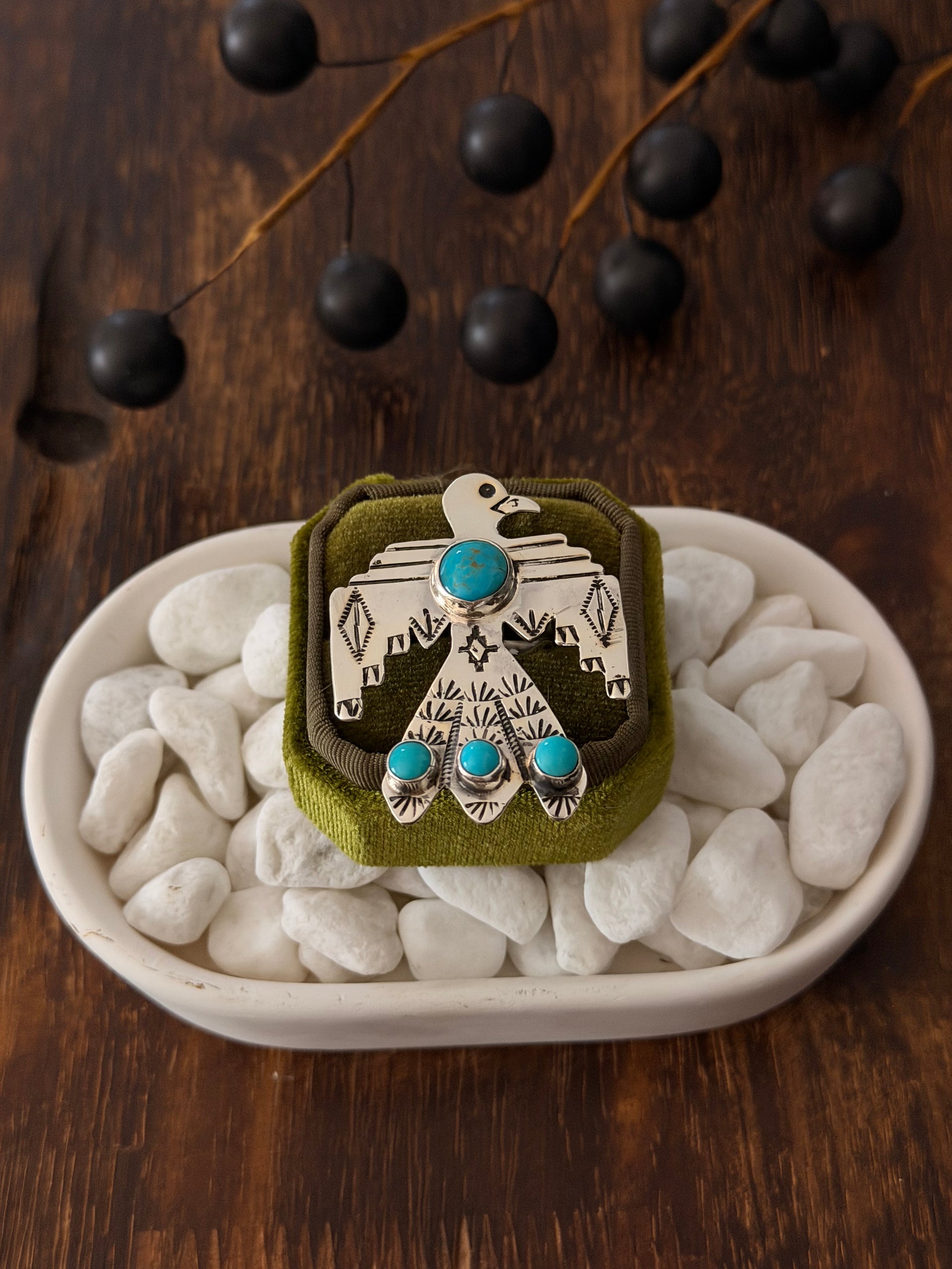 Navajo Made Kingman Turquoise & Sterling Silver Thunderbird Adjustable Ring