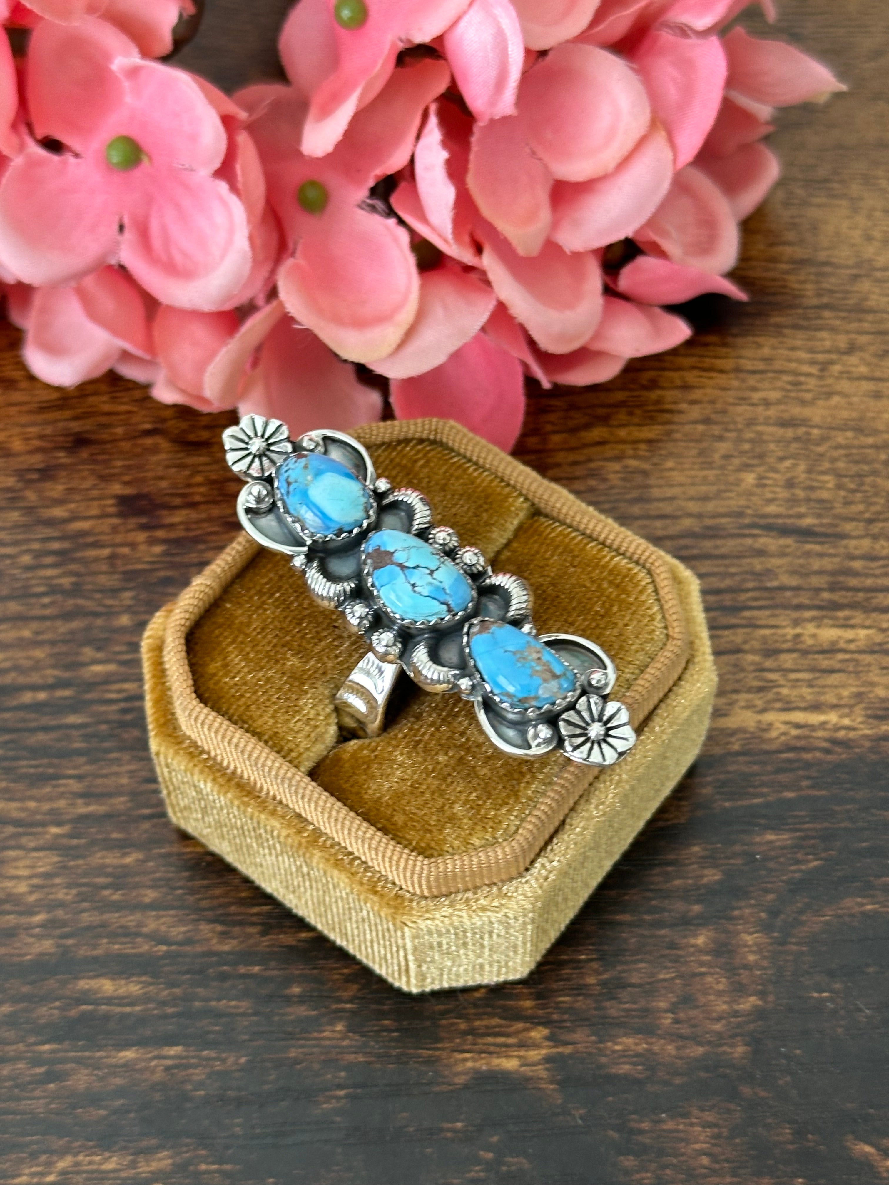 Southwest Handmade Golden Hills Turquoise & Sterling Silver Cluster Adjustable Ring