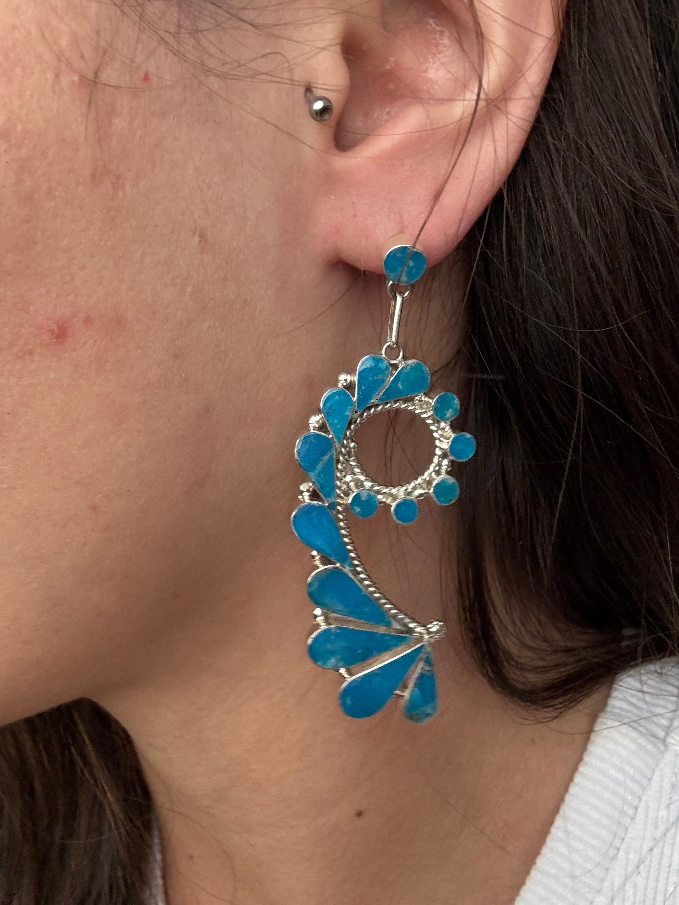 Zuni Made Kingman Turquoise & Sterling Silver Inlay Dangle Earrings