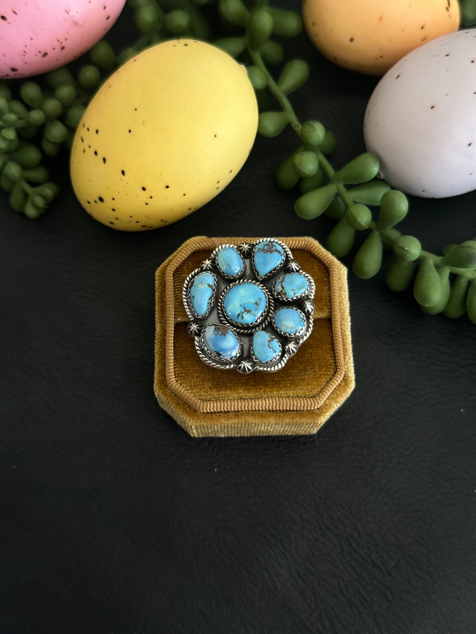 Southwest Handmade Golden Hills Turquoise & Sterling Silver Adjustable Cluster Ring