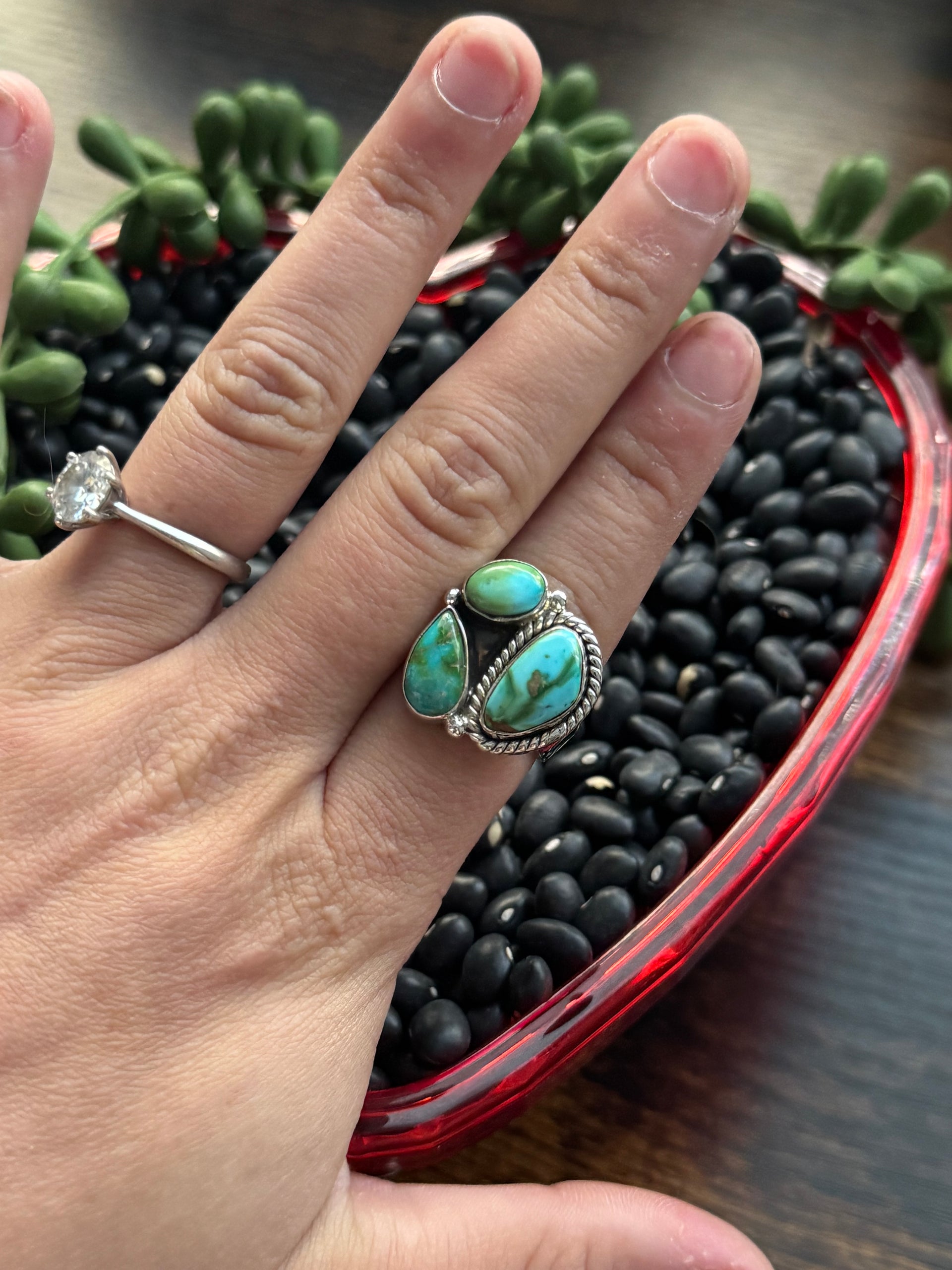 Southwest Handmade Sonoran Mountain Turquoise & Sterling Silver Adjustable Cluster Ring