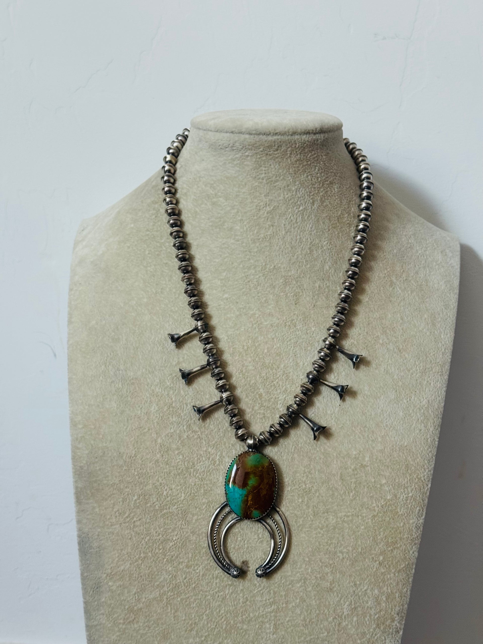 Navajo Made Pilot Mountain Turquoise & Sterling Silver Squash Blossom Necklace