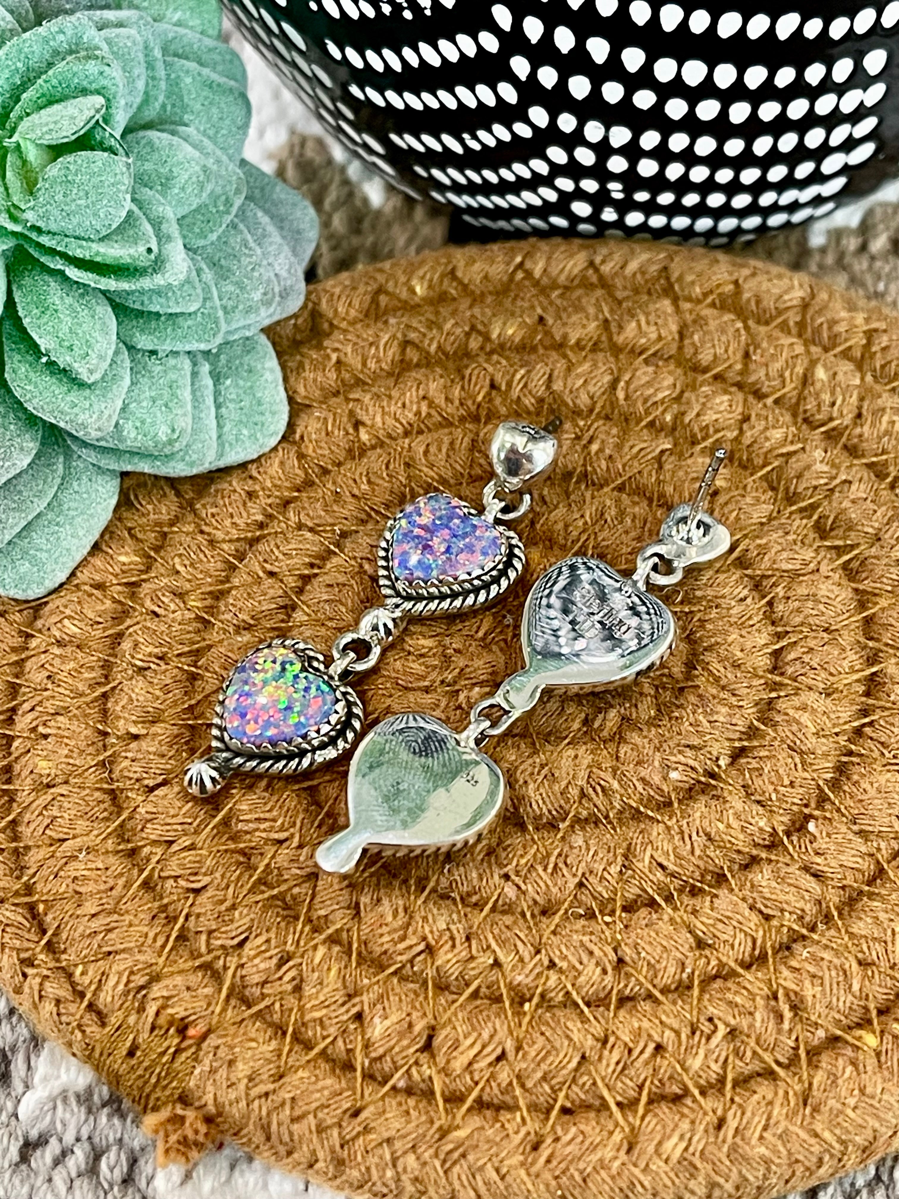 Southwest Handmade Opal & Sterling Silver Post Dangle Heart Earrings