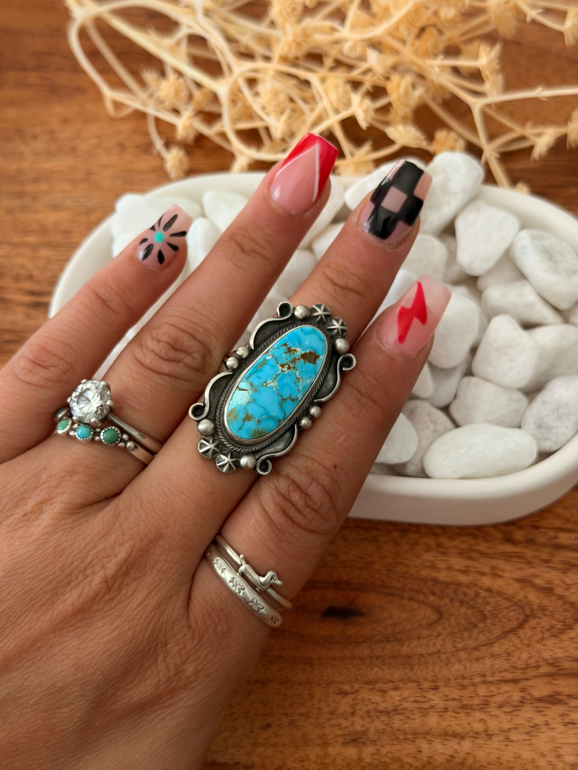 Navajo Made Kingman Turquoise & Sterling Silver Ring Size 7.75