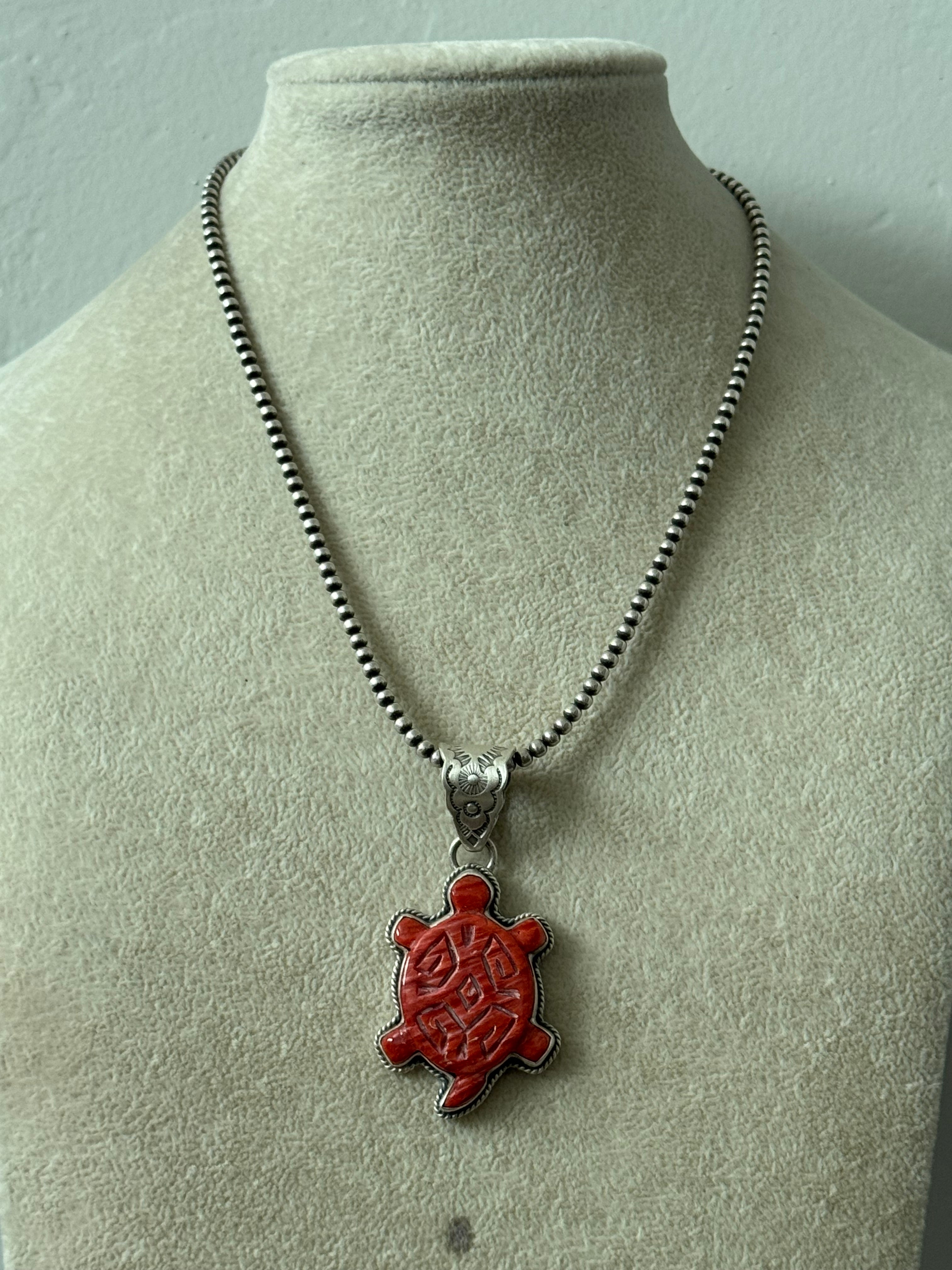 Navajo Made Red Spiny Oyster & Sterling Silver Turtle Pendant