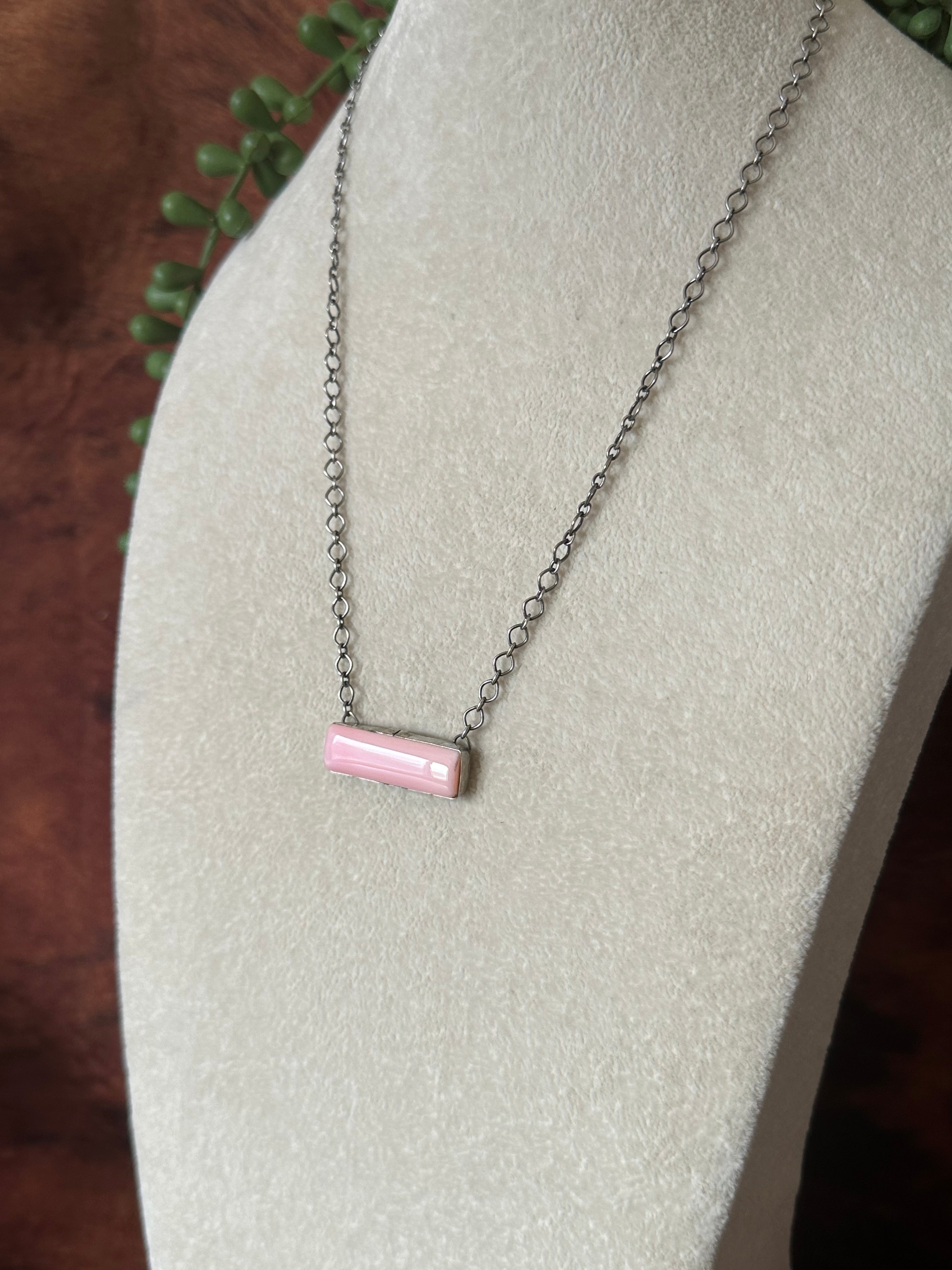 Navajo Made Pink Conch and Sterling Silver Bar Necklace