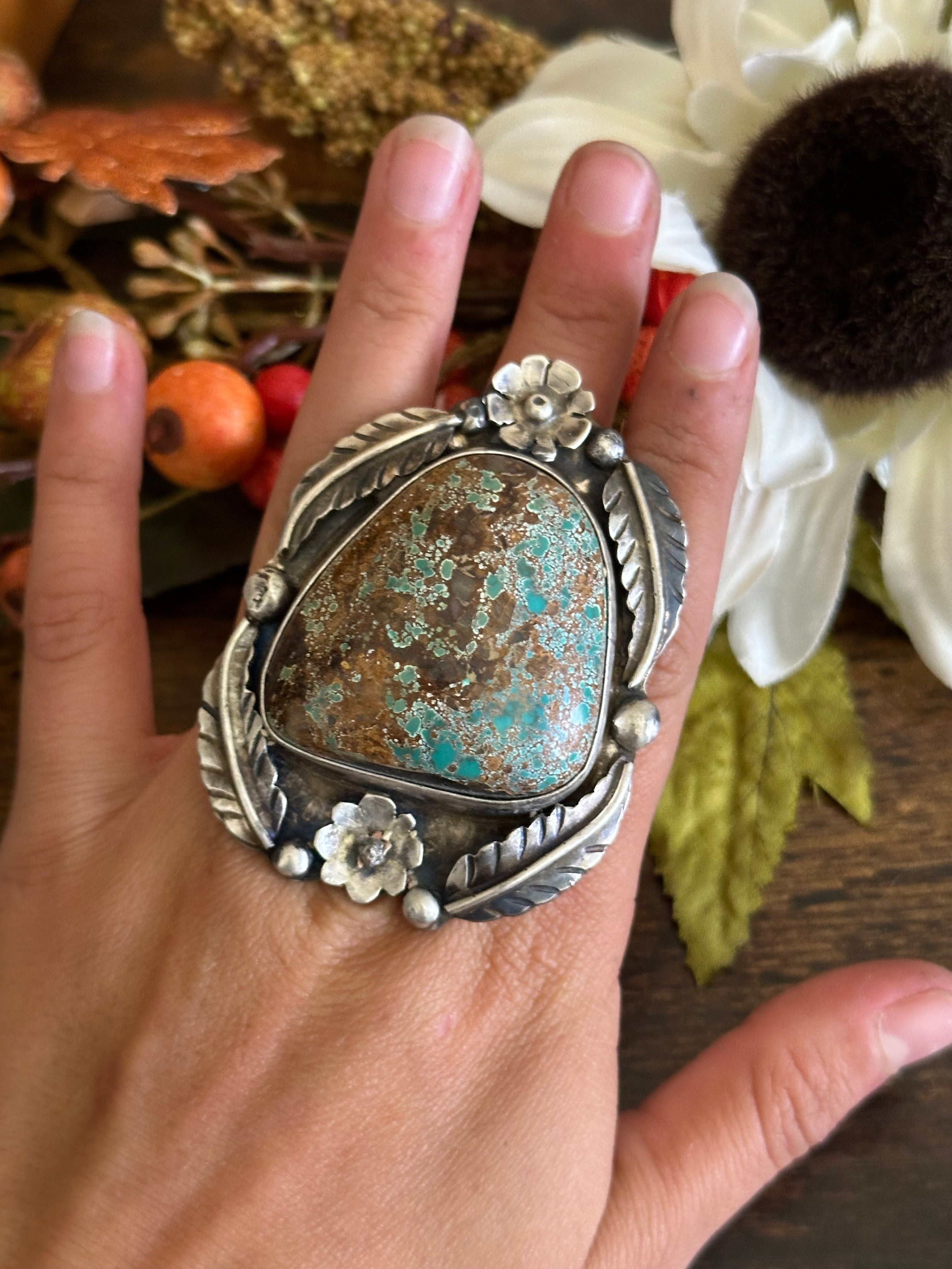 Navajo Made Natural Royston Turquoise and Sterling Silver Ring Size 8.25