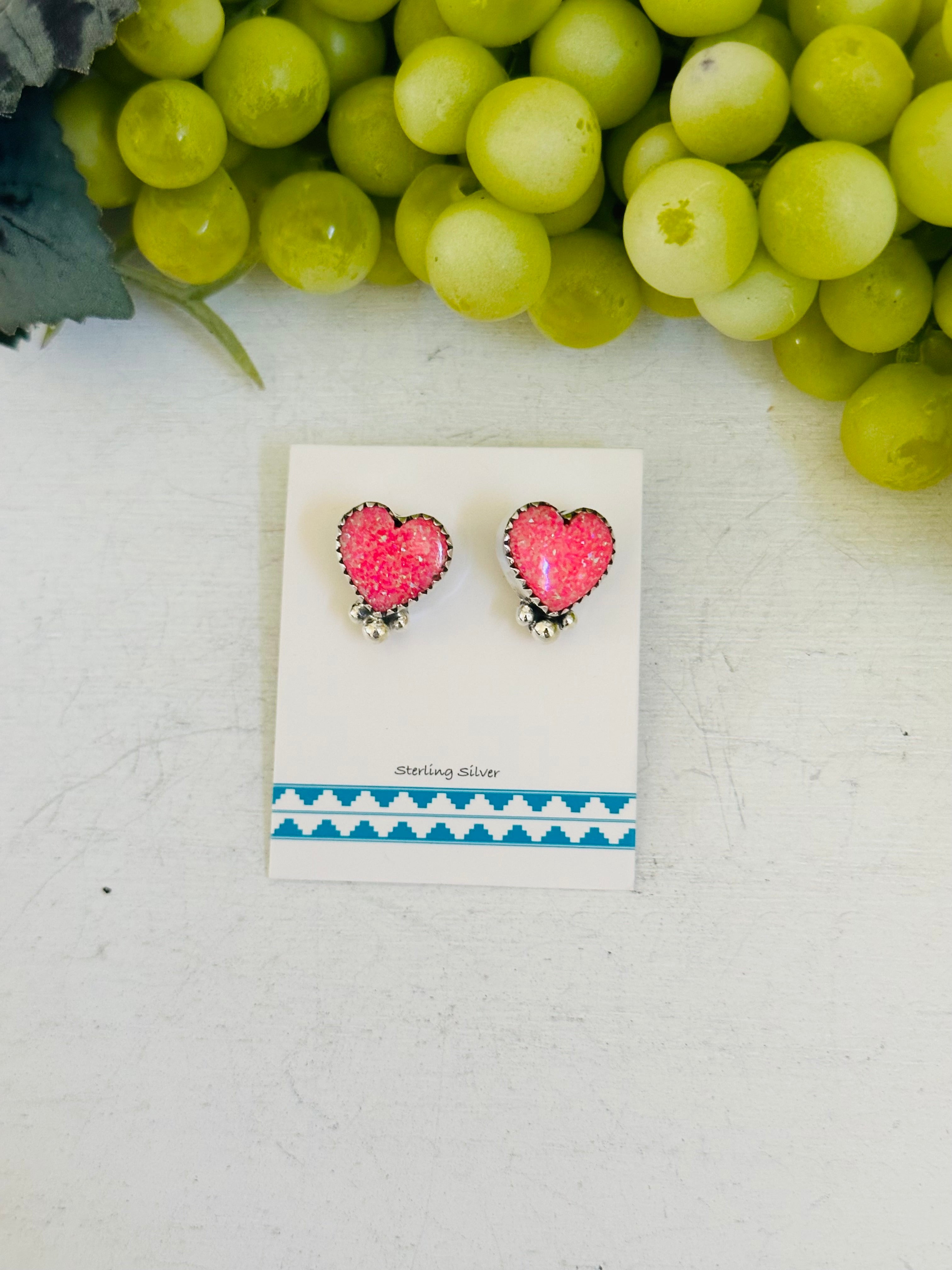 TTD “ dainty” Pink Opal & Sterling Silver Post Heart Earrings