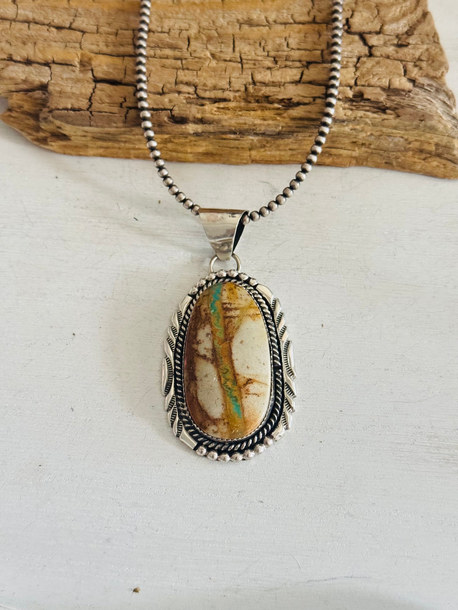 Navajo Made Ribbon Royston Turquoise & Sterling Silver Pendant