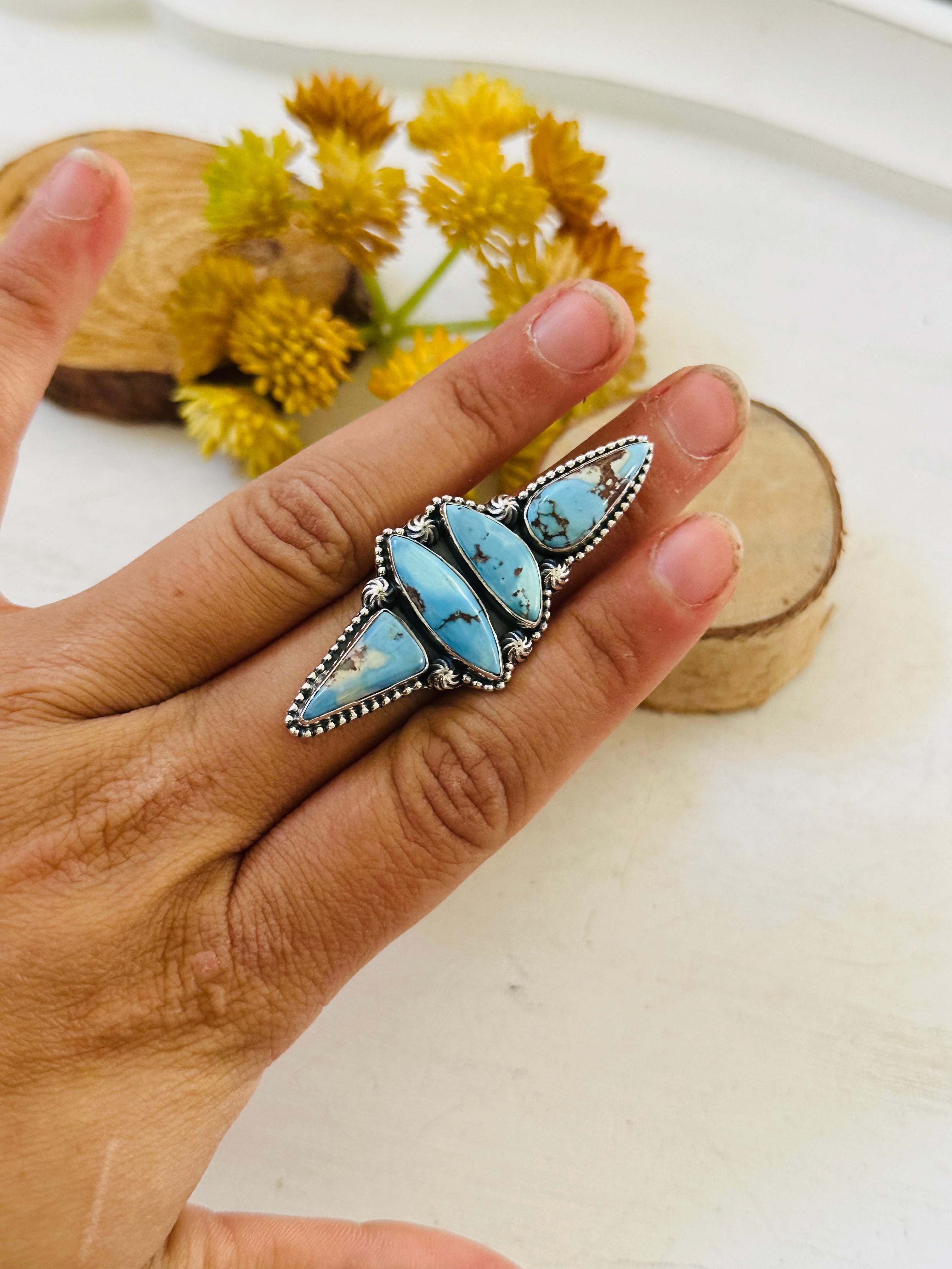 Southwest Handmade Golden Hills Turquoise & Sterling Silver Ring Size 7