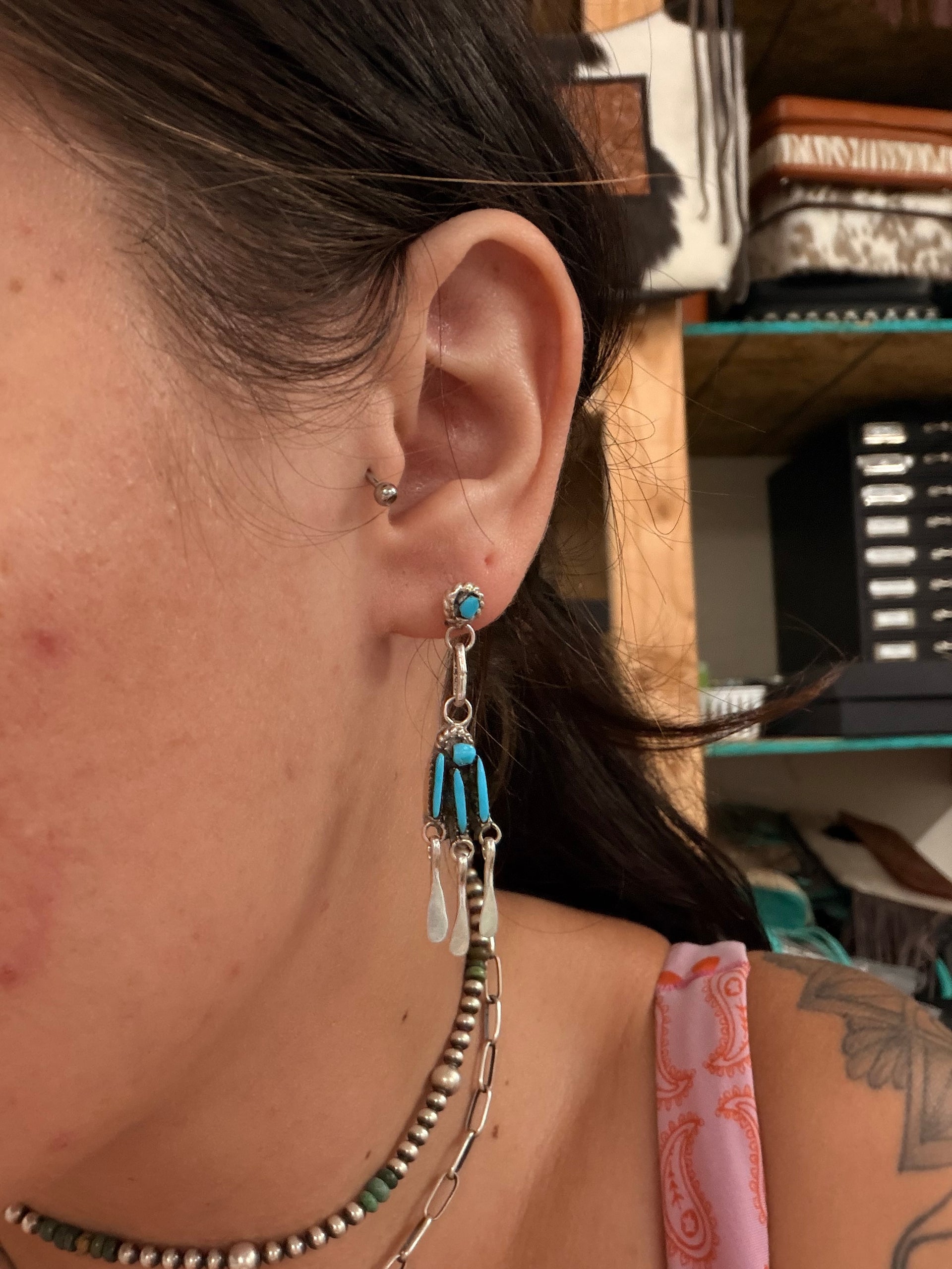 Zuni Made Kingman Turquoise & Sterling Silver Post Dangle Earrings
