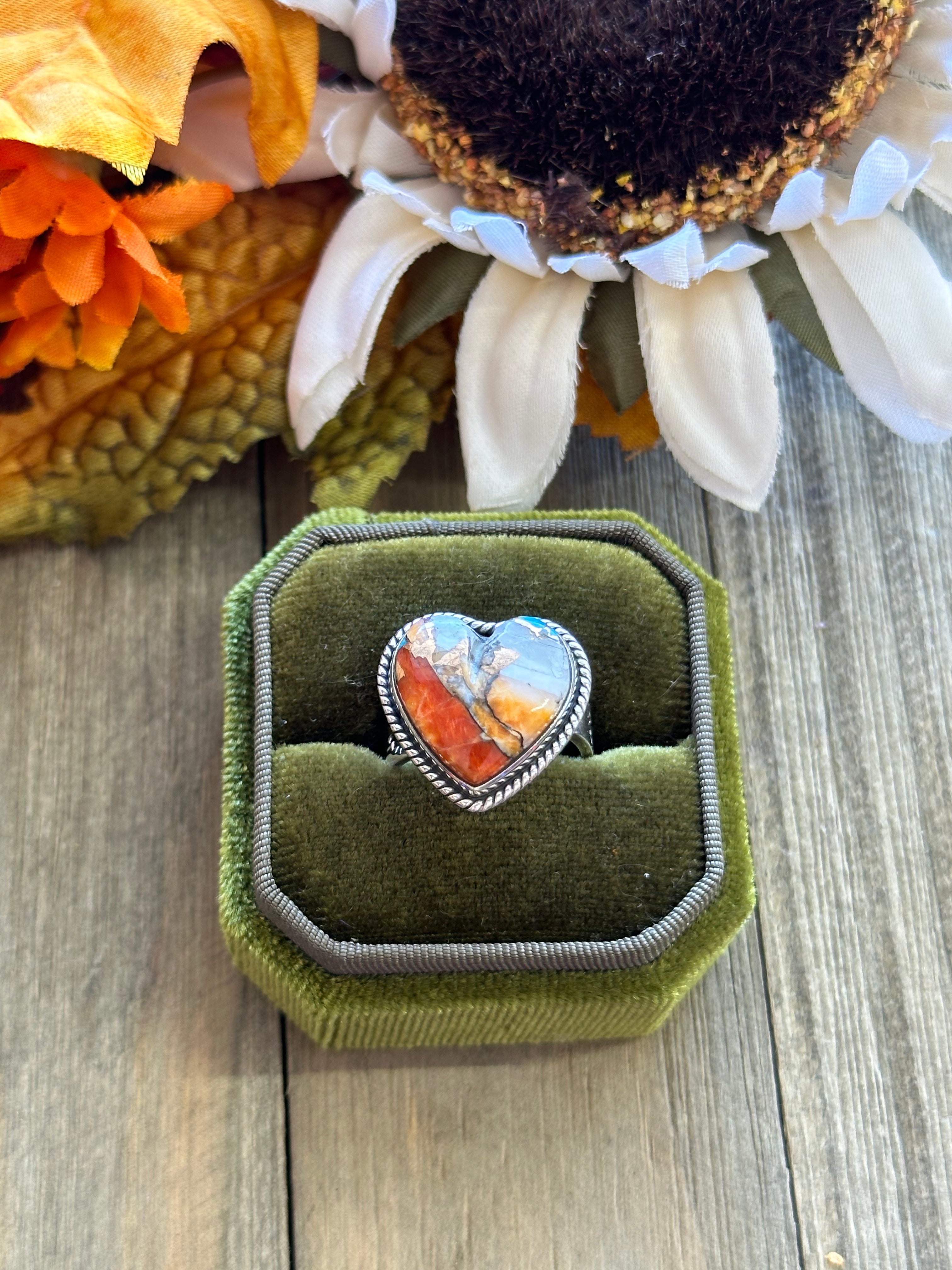 Southwest Handmade Mohave Turquoise & Sterling Silver Adjustable Heart Ring