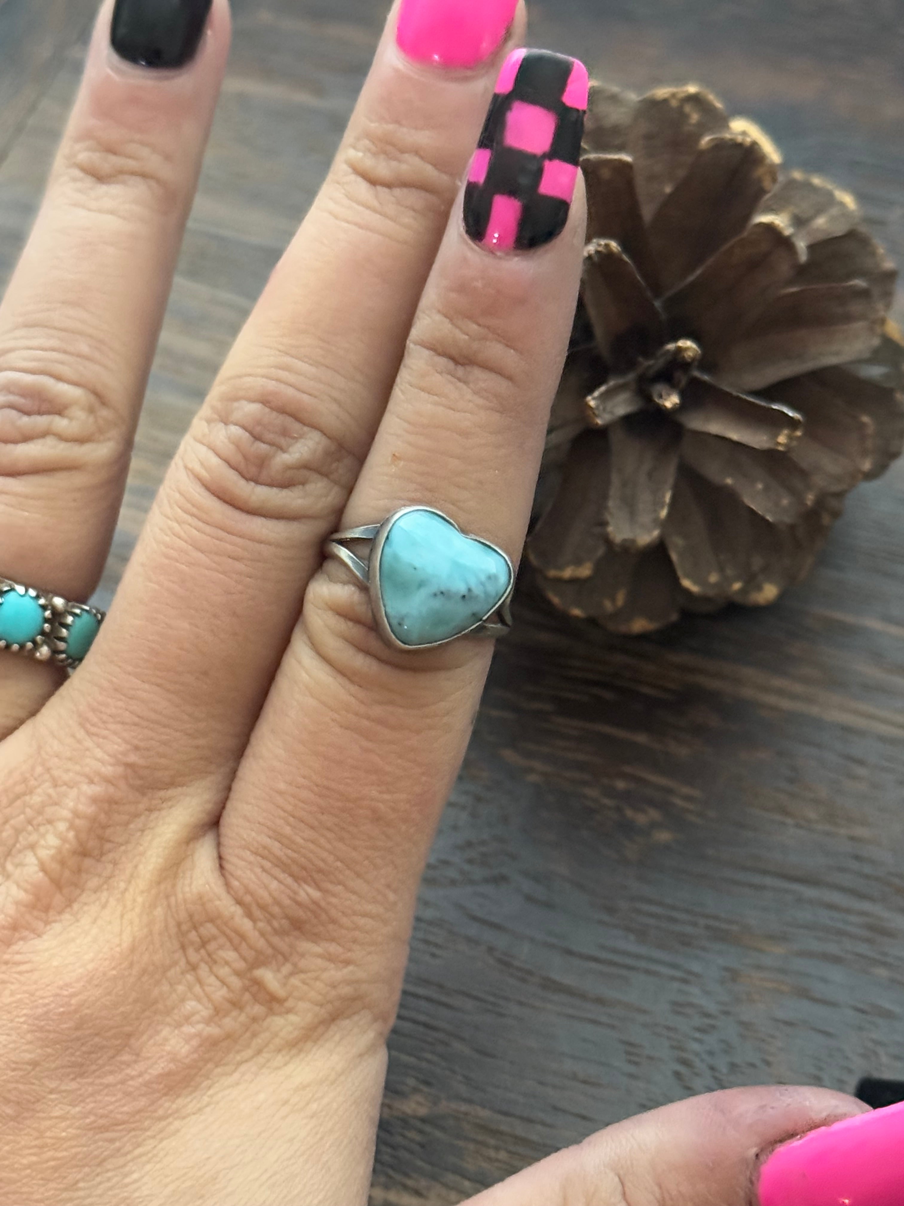 Navajo Made Larimar & Sterling Silver Heart Ring Size 5.75