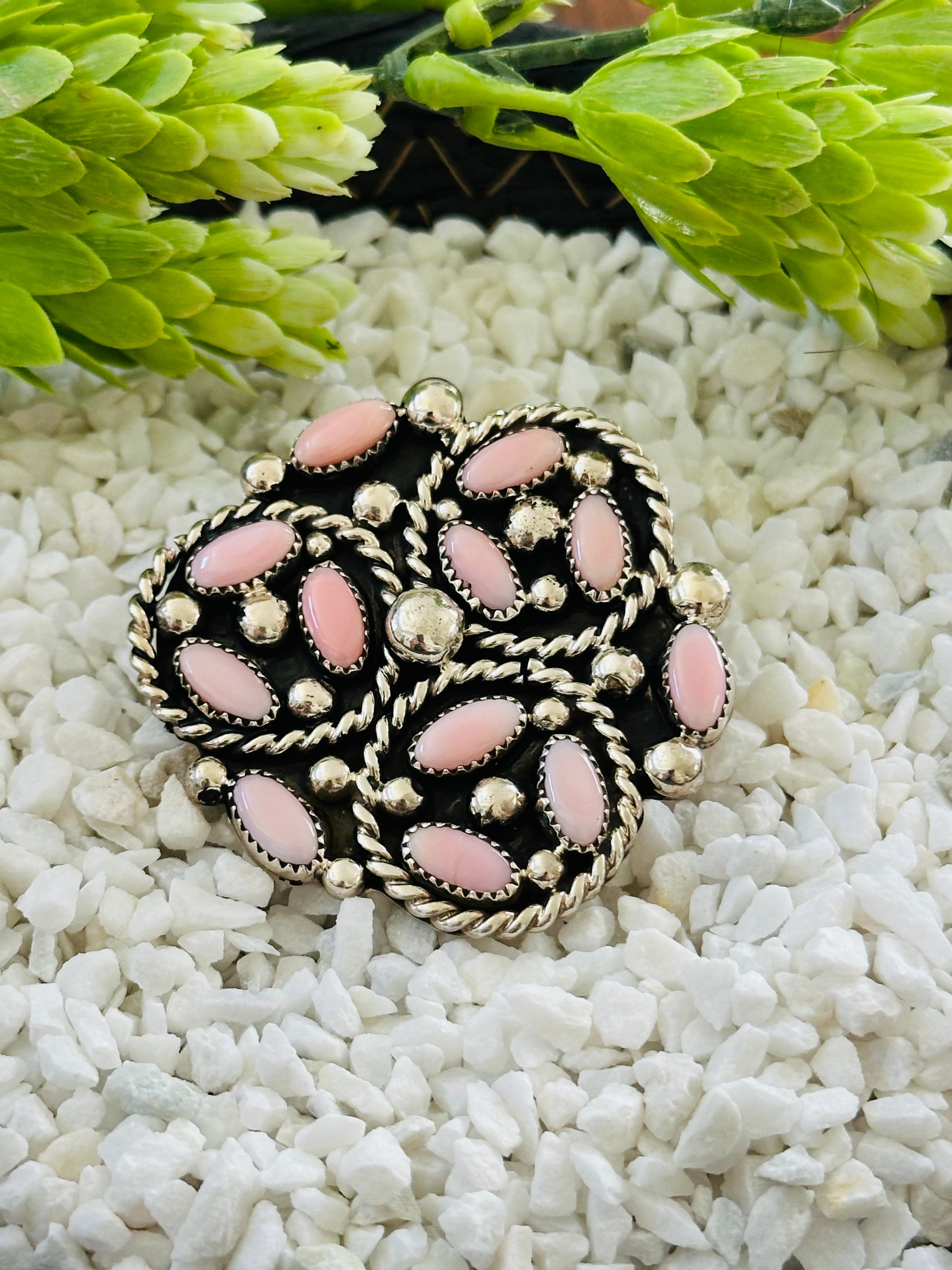 Navajo Made Pink Conch & Sterling Silver Adjustable Cluster Ring