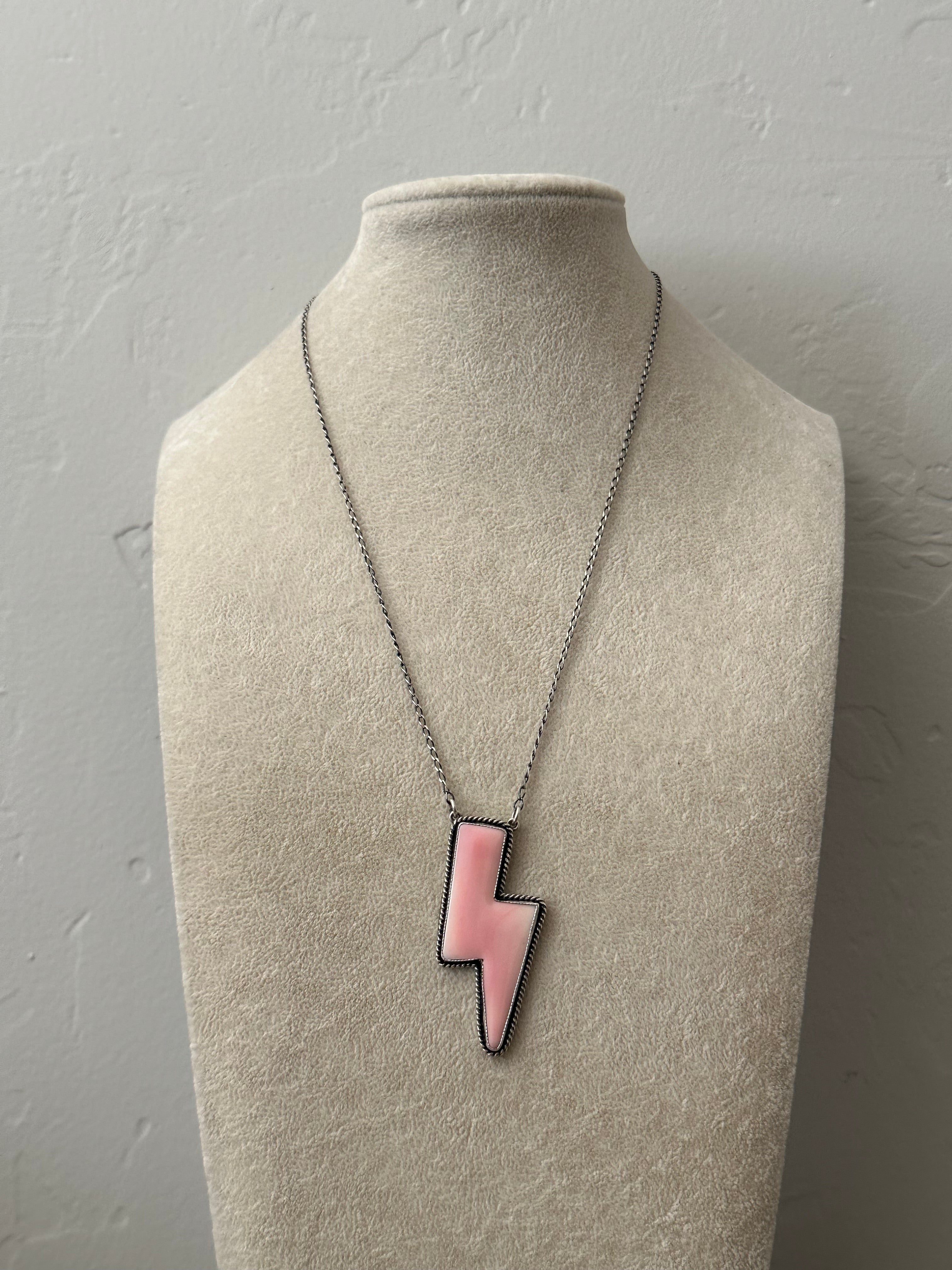 Navajo Made Pink Conch & Sterling Silver Lightning Bolt Necklace