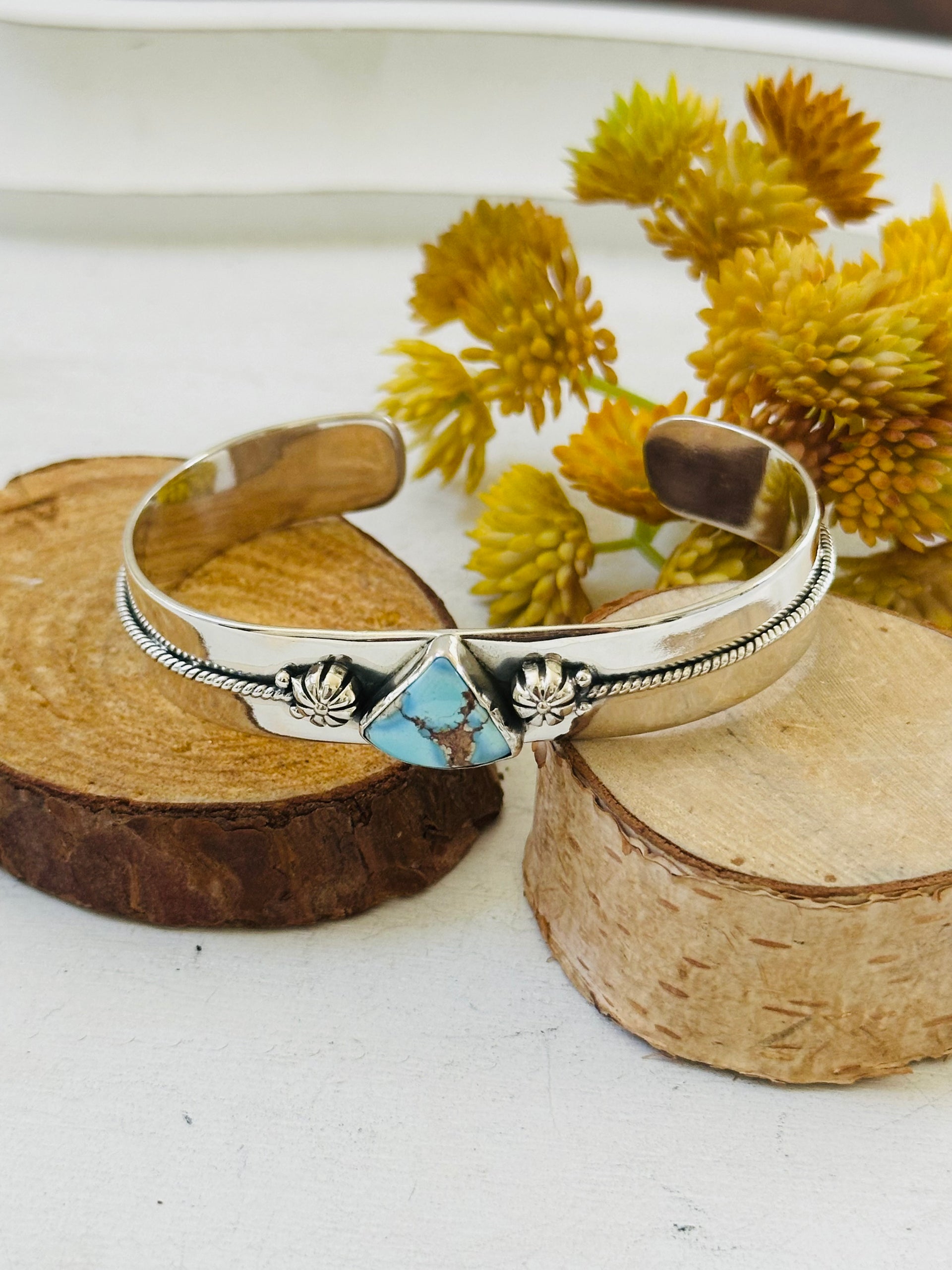 Southwest Made Golden Hills Turquoise & Sterling Silver Cuff Bracelet