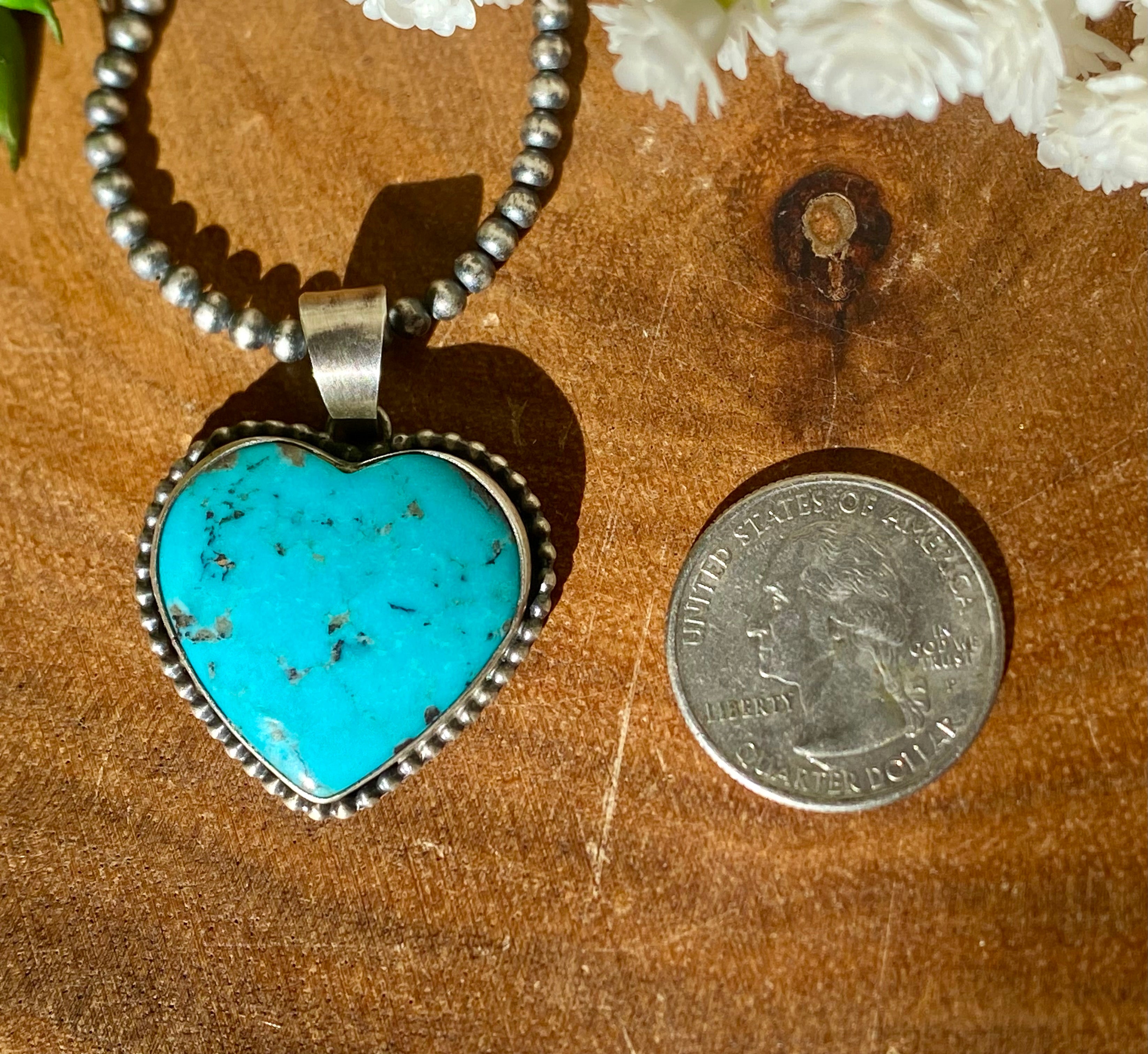 Navajo Made Kingman Turquoise & Sterling Silver Heart Shape PENDANT ONLY