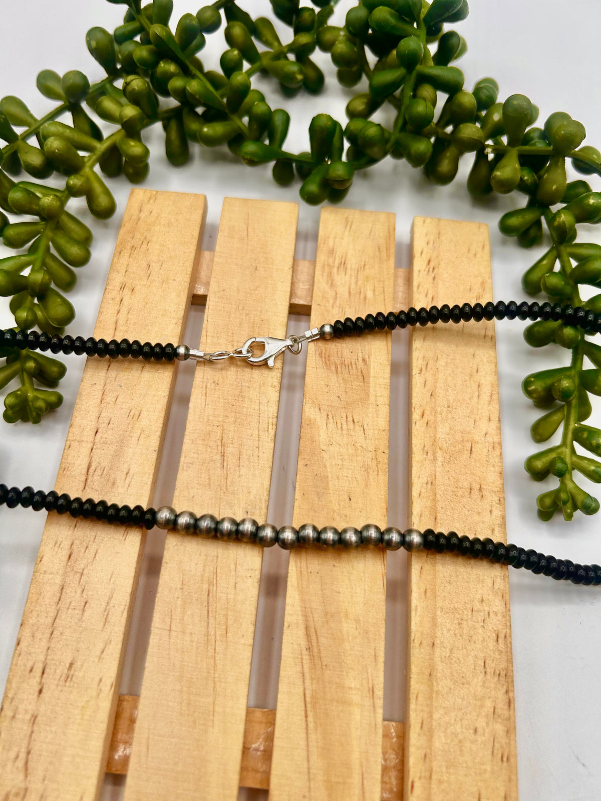 Navajo Made Strung Onyx & Sterling Silver Necklace