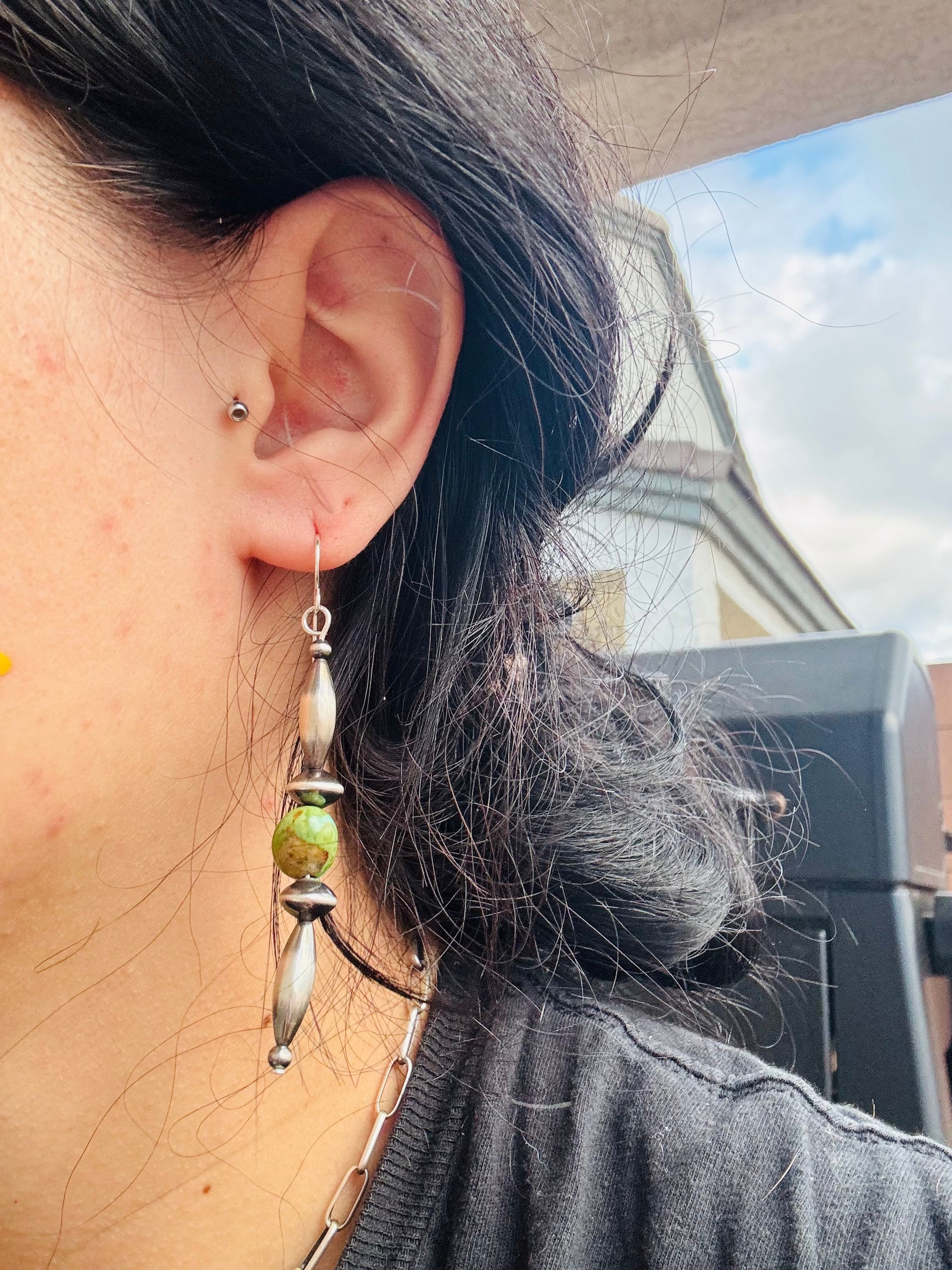 Navajo Strung Sonoran Mountaim Turquoise & Sterling Silver Pearls Dangle Earrings