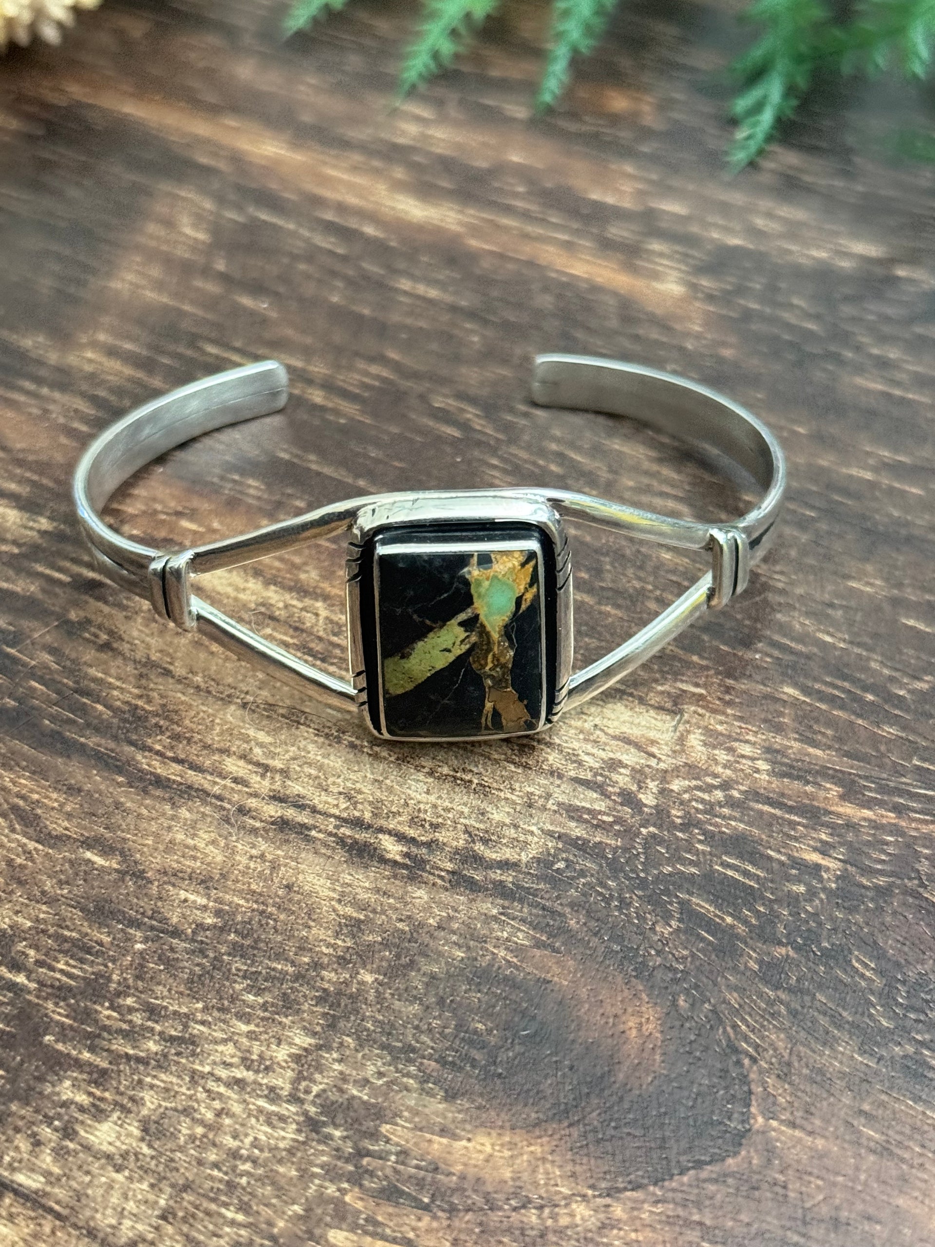 Navajo Made Black Jack Turquoise & Sterling Silver Cuff Bracelet